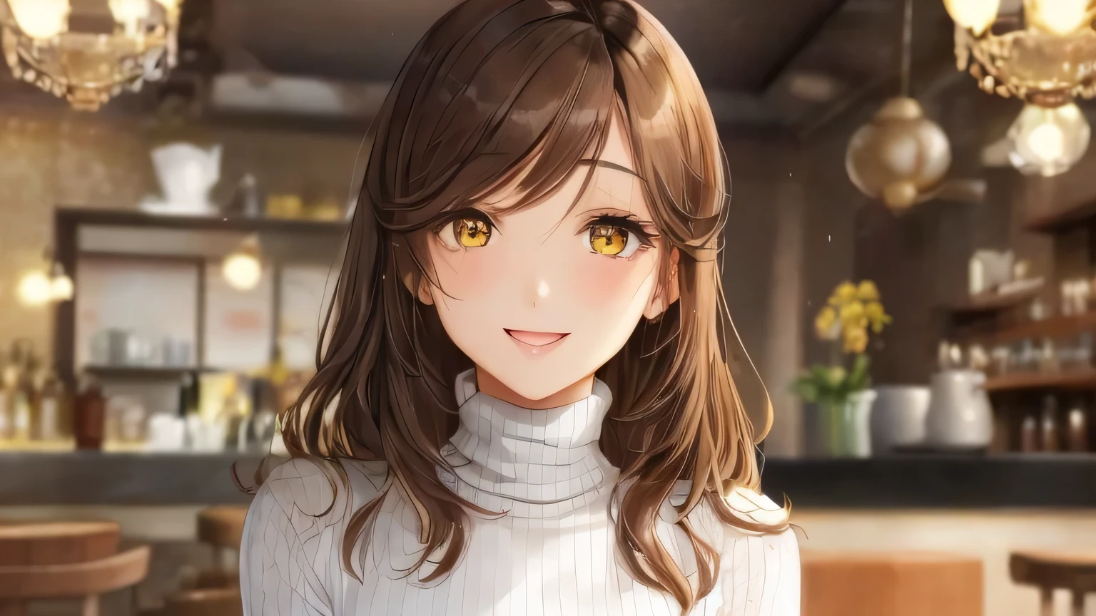 1 female、28 years old、Adult and realistic face、long face、beautiful hair, shortcut、brown hair、
dark and beautiful big slanted eyes,Eye color is yellow、 Are you okay、A big smile full of softness、Natural Color Lipstick、small bust、
Slim and slender body shape、yellow long sleeve turtleneck、 Inside a stylish cafe