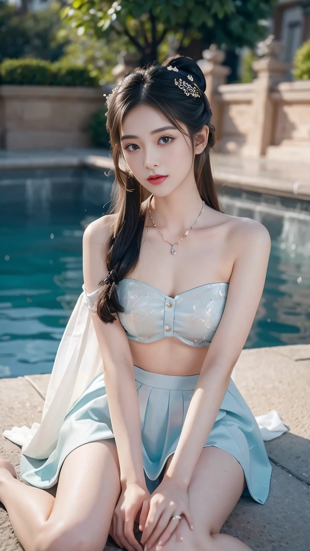 best picture quality，extremely high resolution，Very detailed，stunning girl，sitting in the pool，long eyelashes，big eyes，shining eyes，lying silkworm，plump lips，small nose，a happy expression，Sweet，Exquisite makeup，full-body shot，snow white skin，slim figure，take off shoulders，clavicle，abdomenband，abdomen，abdomen button，Slender white legs，White and tender skin，White embroidered mini skirt，necklace，Showing thighs，lace，Sweet，long hair flying，best quality，masterpiece，full-body shot，facial focus，slim figure，细腰白色abdomenband，imagine，full-body shot Model: Hanfu, CFG scale: 7, Hire high-end talents: 1.5, Laura: future fashion(0.4)、neon(0.4)、martial arts(0.8)、Asian Face Girls-2(0.4)、poetic fairy tale(0.01)