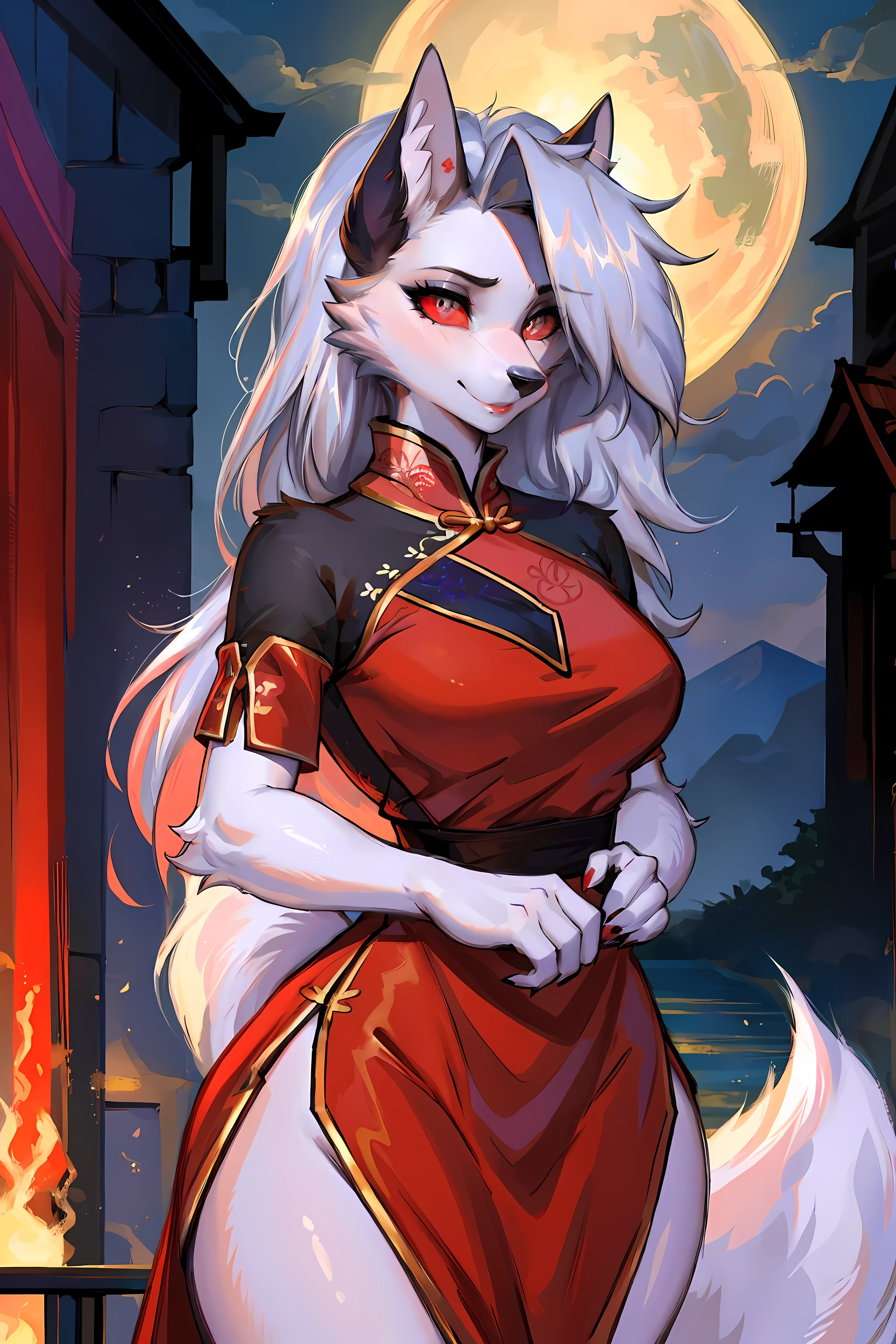 (best quality,4k,8k,high resolution,masterpiece:1.2),Super detailed,(actual,photoactual,photo-actual:1.37),red eyes,hairy,wolf girl,(beautiful/delicate eyes:1.1),feminine face,long eyelashes,(red clothes:1.1),(qipao,cheongsam:1.1),flowing chiffon,(jewelry/Accessories:1.1),well proportioned body,(Thick thighs:1.1),inspired by luna,(Reasonable structure:1.1)