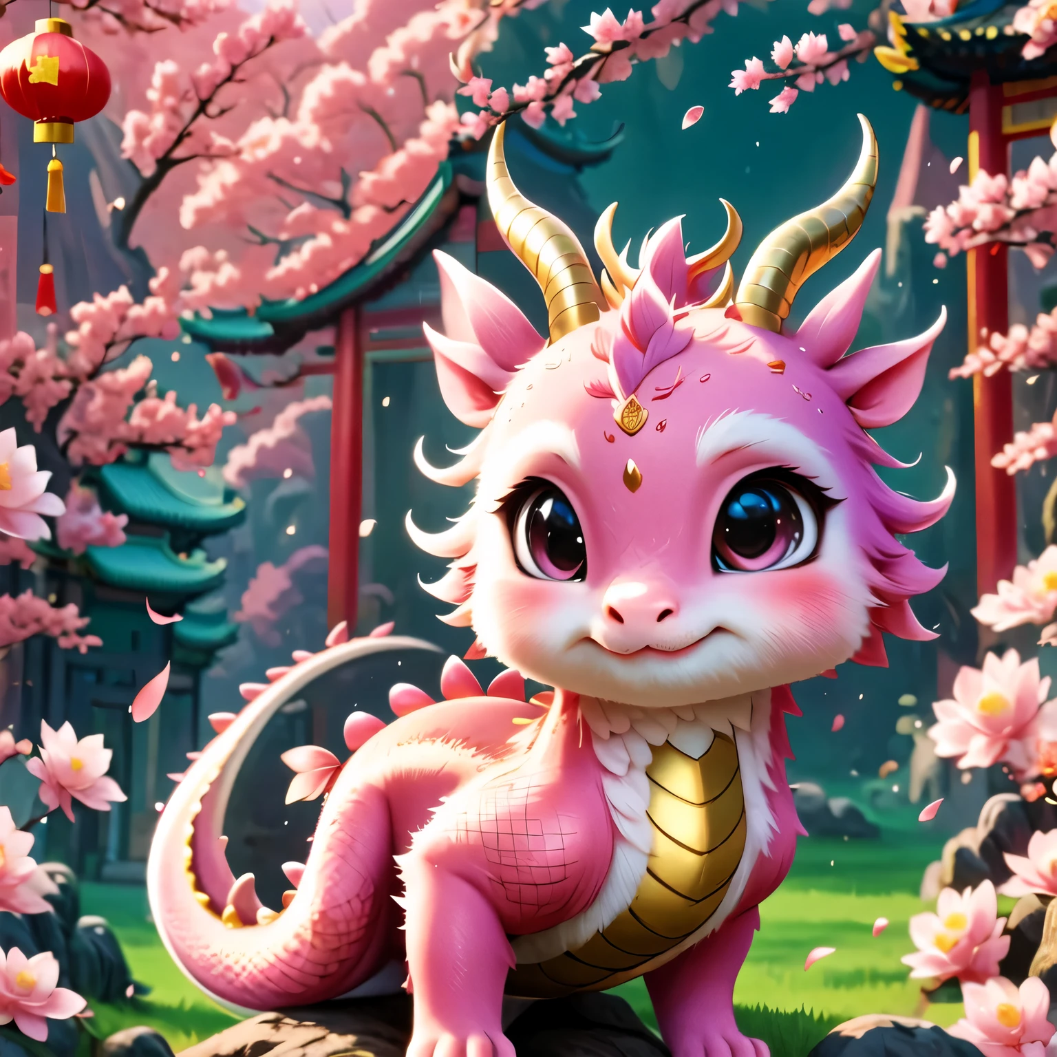 (masterpiece, highest quality:1.2), Q version, cute little dragon, Chinese style, pink space, festival atmosphere, spring festival, cute dragon horn, chinese elements, comics, Cute Pets, lively.