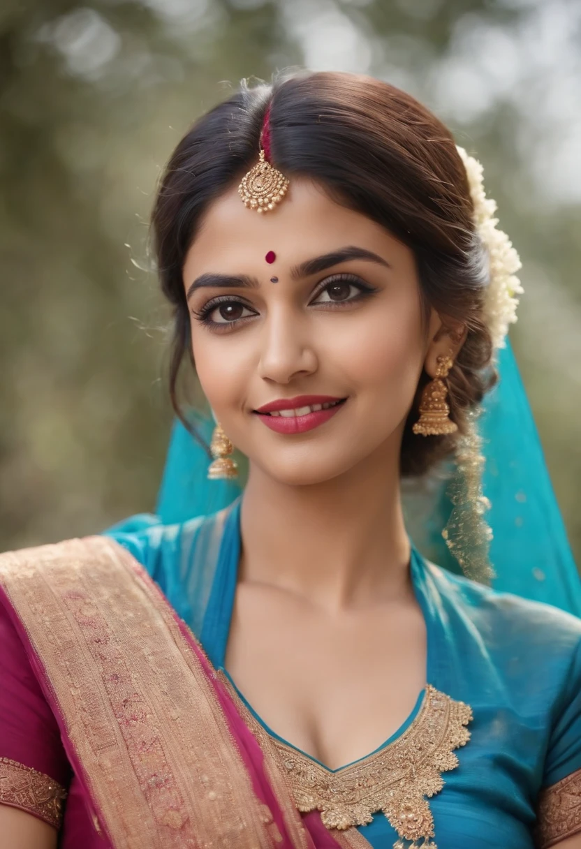 (best quality, highres, 4k, masterpiece,wearing blue saree,low waist,navel sexy smile