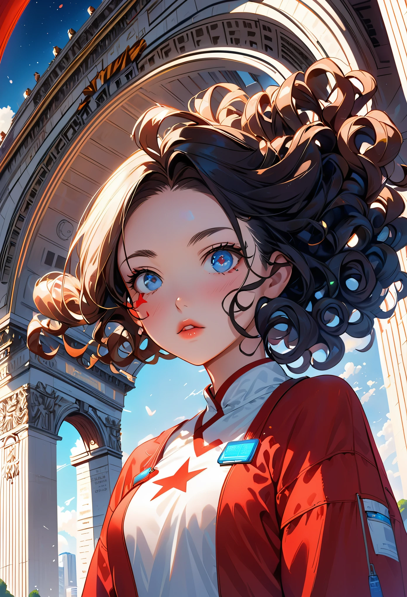 cyberpunk, 1 girl, thin and long, Wearing cardiovascular technician attire, (Eye fatigue hair, spiral curls:1.36), thin lips, Various postures, Serious,, (freckle:0.5), (mole:0.3), (Skin spots, Acne, skin blemishes, Age spots, Brushed:0.3), from below , inside (Arc de Triomphe star:1.4), , Popular topics on Artstation,, spring,, night,, Natural Hand 2-3500 最好的质量, beautiful and delicate lips, slender fingers, Detailed pupils, illustration, Natural Hand 2-3500
