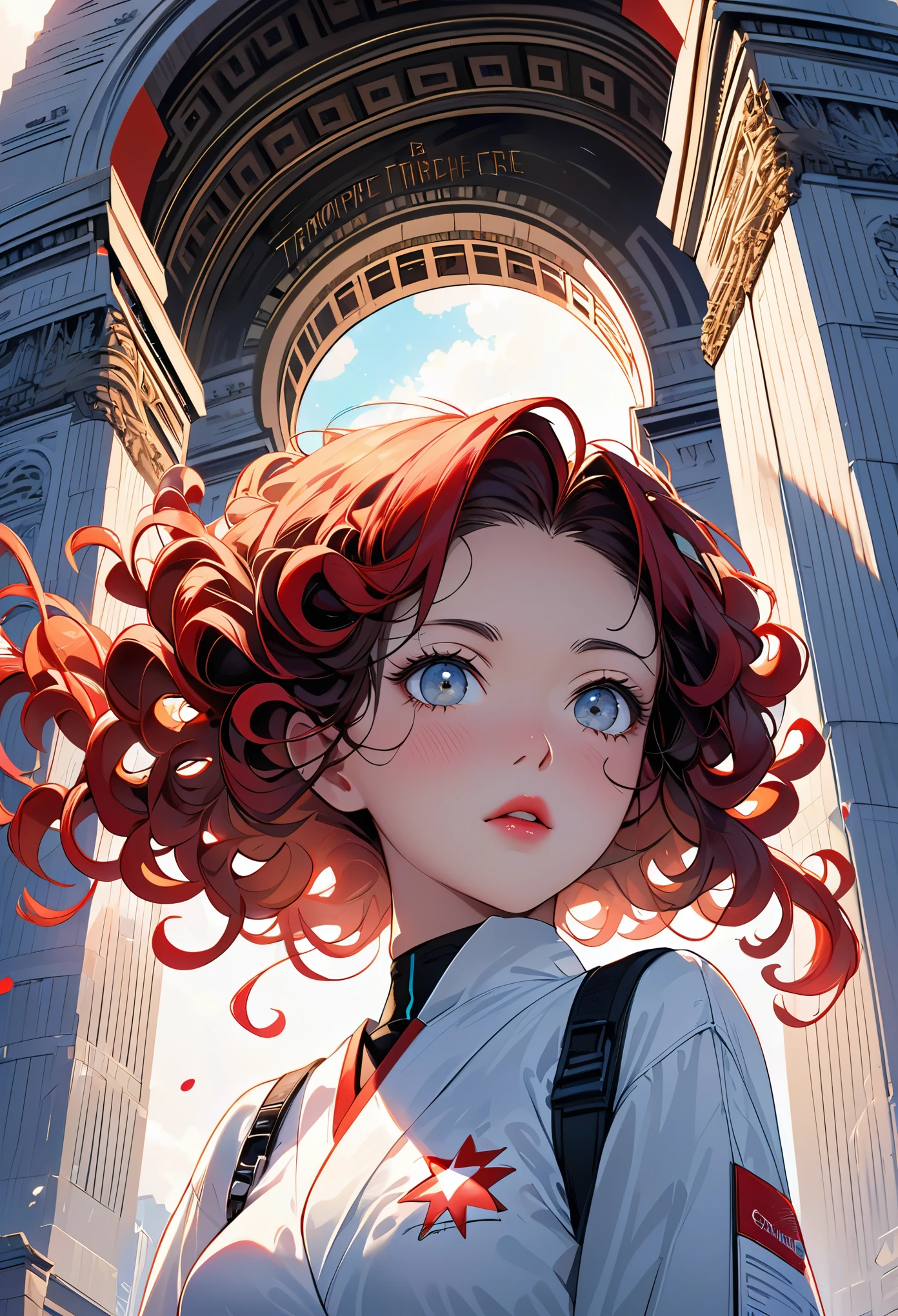 cyberpunk, 1 girl, thin and long, Wearing cardiovascular technician attire, (Eye fatigue hair, spiral curls:1.36), thin lips, Various postures, Serious,, (freckle:0.5), (mole:0.3), (Skin spots, Acne, skin blemishes, Age spots, Brushed:0.3), from below , inside (Arc de Triomphe star:1.4), , Popular topics on Artstation,, spring,, night,, Natural Hand 2-3500 最好的质量, beautiful and delicate lips, slender fingers, Detailed pupils, illustration, Natural Hand 2-3500