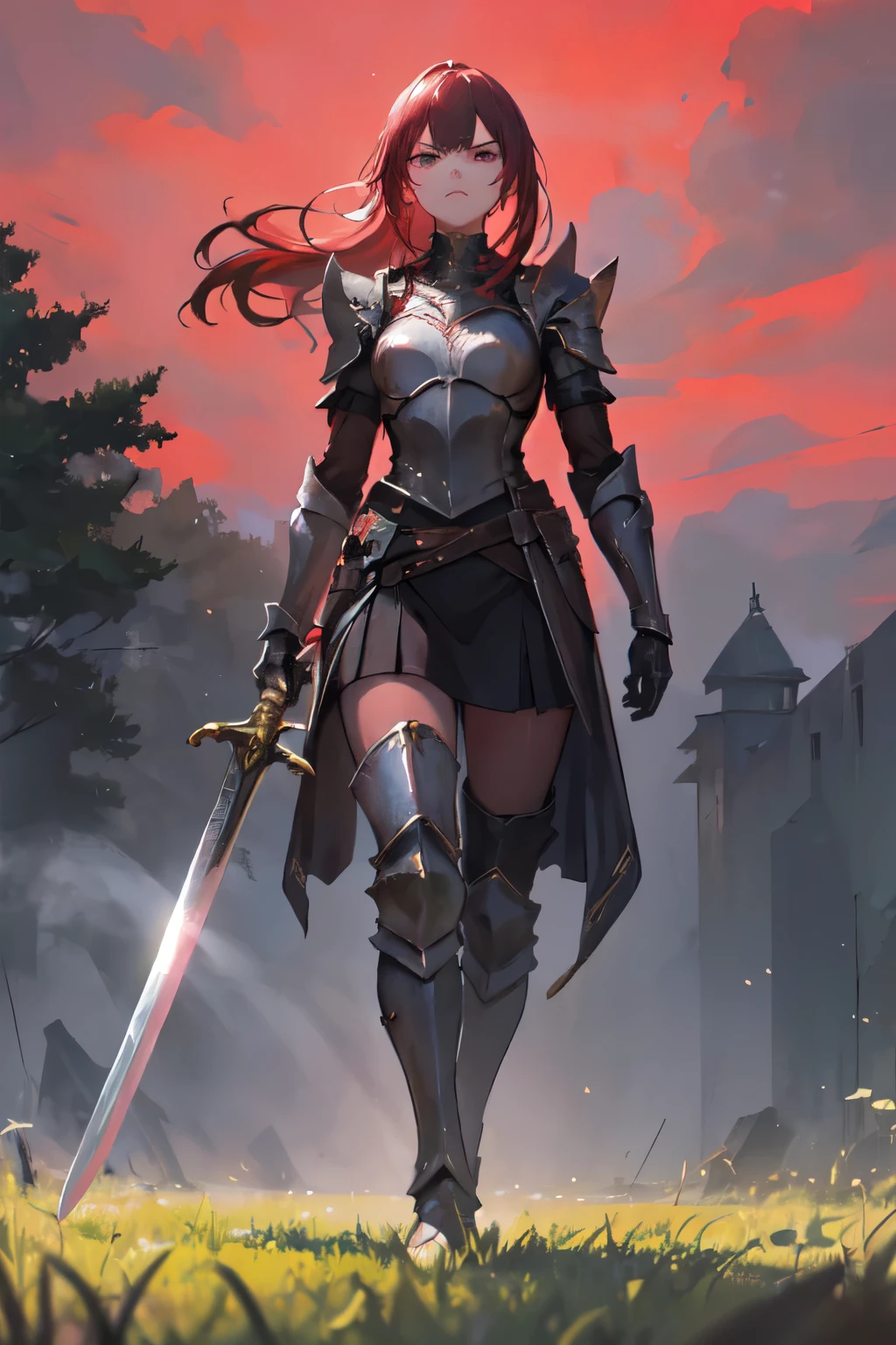 ((best quality)), ((masterpiece)), (detailed), perfect face, strong emotion, 1girl wielding a sword outward and down to her side, she is intimidating, mysterious, dangerous moment, almost emotionless face, subtly angry, warrior girl, livid, light armor, intense, intense scene, fearful, incoming danger, walking slowly towards the viewer, grassy battlefield scene, dark, girl is rather far from the viewer, walking strongly and stiffly, faint redness in the background, redish sky, at night, (intimating livid warrior girl almost alone on the dark grassy battlefield in the distance walking towards you with her sword out and at the ready and going to kill you…) (strong) (focus on her and the red sky)