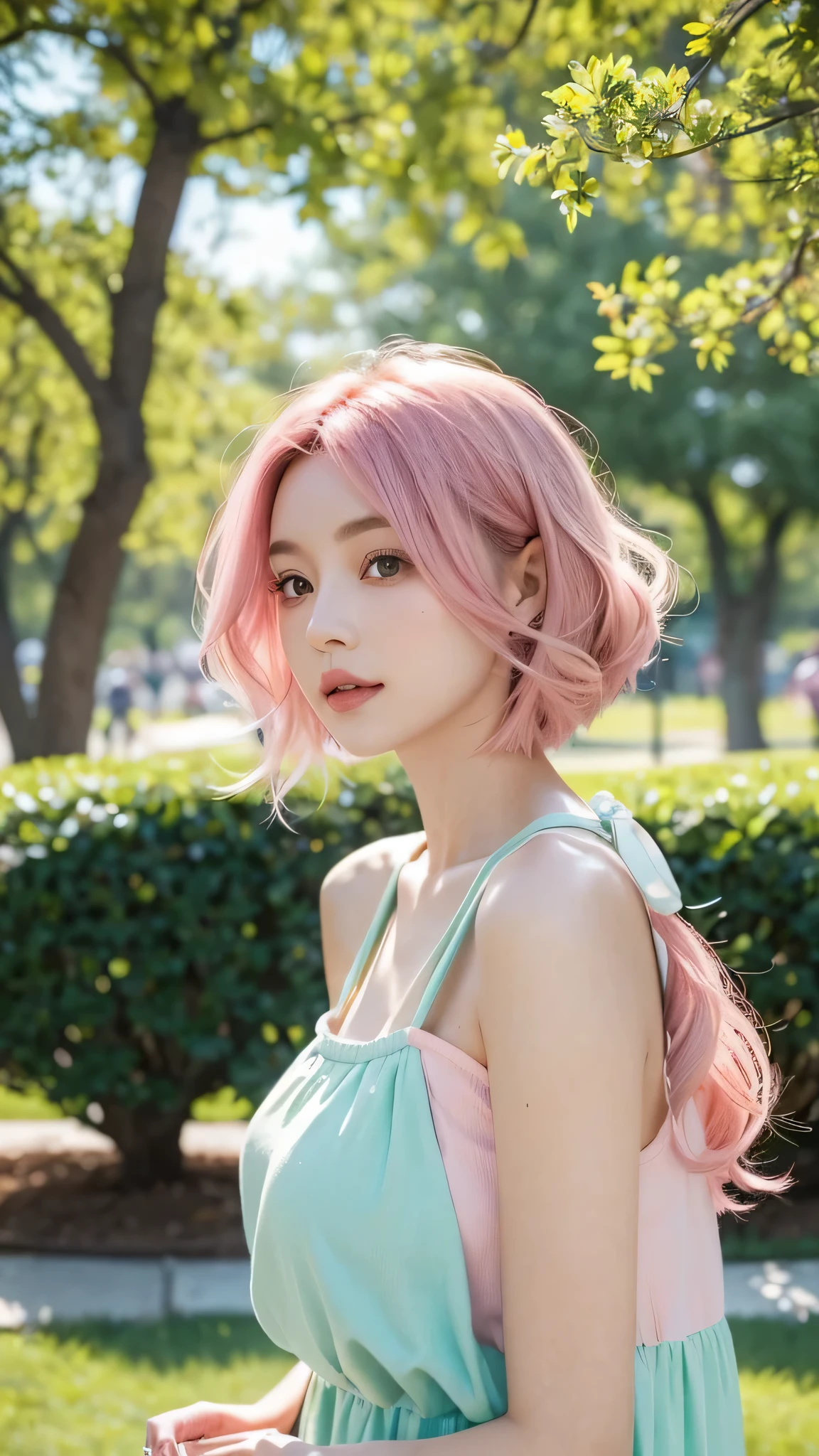 In the midst of a vibrant spring park, Great for a day of camping, A woman's hair is a striking feature. Her short hair is dyed a playful pink, Exuding the freshness and vitality of the season. The ends of her hair are delicately curled, Add a touch of elegance and softness to her look. these curls, and a subtle fade at the tips., Create beautiful contrast, Highlight the dynamic and modern style of her hairstyle. Goes well with her unique hairstyle, She is wearing mint colored clothes, Perfectly blends into spring surroundings. Eye-catching pink hair combined with mint-colored clothing,Create a picturesque scenery, As she enjoys the peace and beauty of spring in the park. her hair, Lively colors and playful curls, Become a symbol of the joy and rebirth that spring brings.