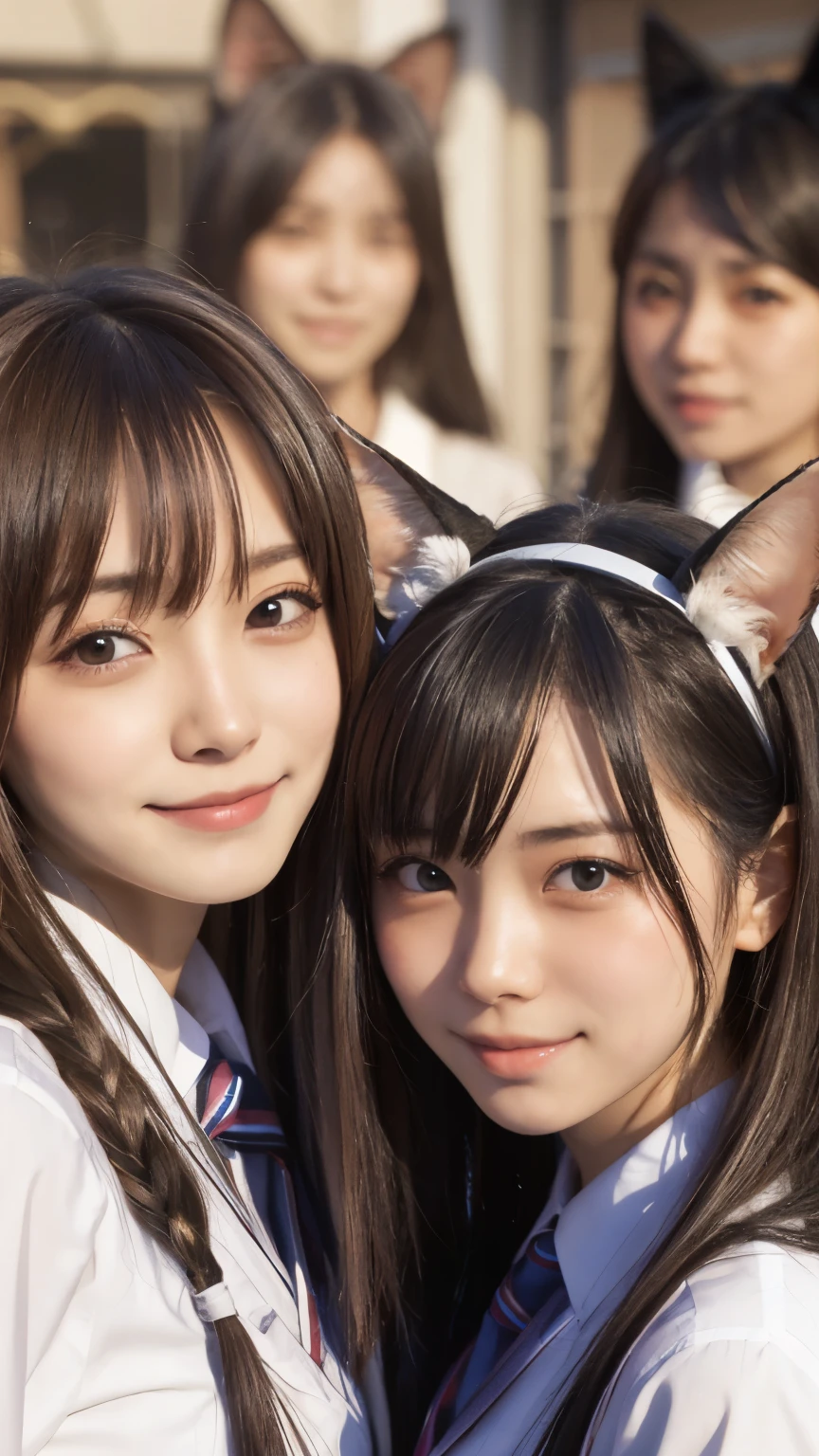 multiple girls, Beautiful face, smile, harem, group picture, cat ears, school uniform, close up,(Japanese idle:1.6), apartment,