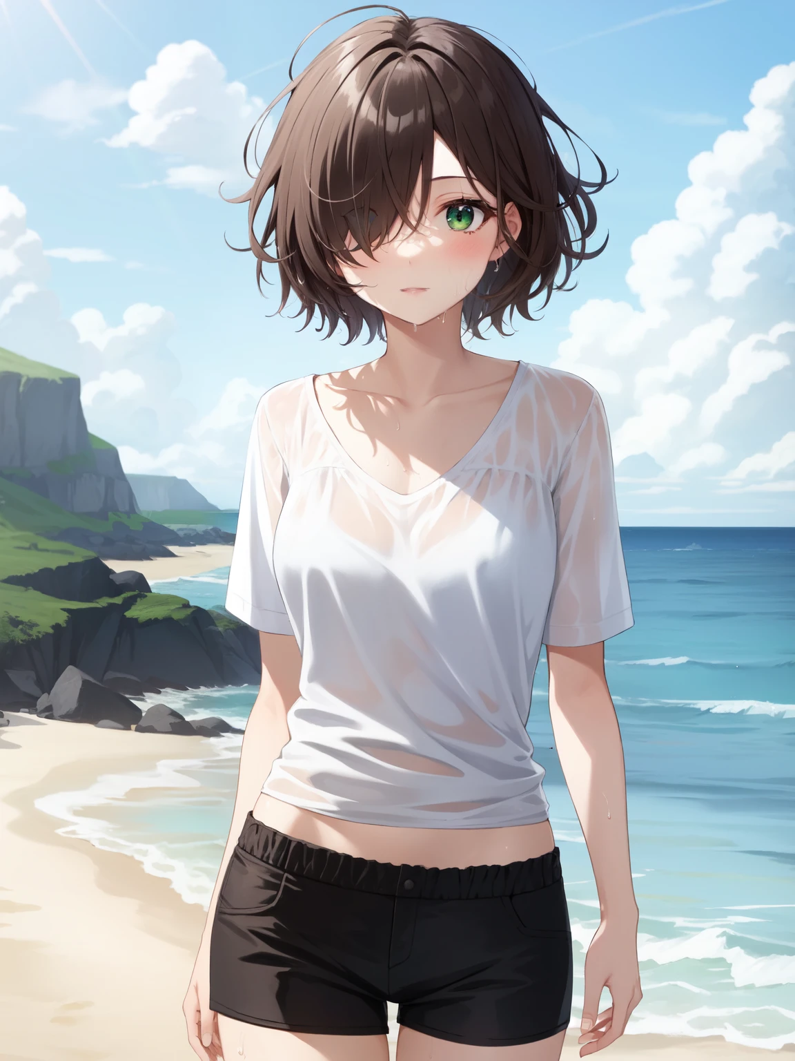 1girl, solo, brown hair, (hair over one eye:1.2), short hair, messy hair, pixie cut, asymmetrical bangs, hair between eyes, green eyes, white shirt, black shorts, wet, (see-through:0.2), underwear, beach, shoreline, town, sea, ocean