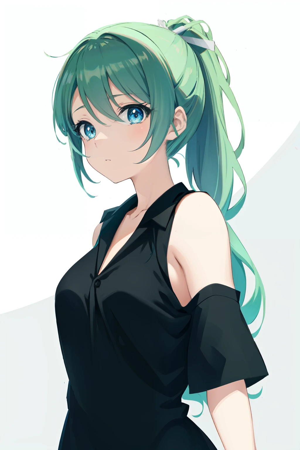 anime girl with ponytail in black dress and blue collared shirt, anime moe artstyle, attractive anime girl, anime girl wearing a black dress, seductive anime girl, anime style 4 k, smooth anime cg art, kantai collection style, beautiful anime girl, 4 k manga wallpaper, female anime character, portrait anime girl, anime girl, detailed anime character art