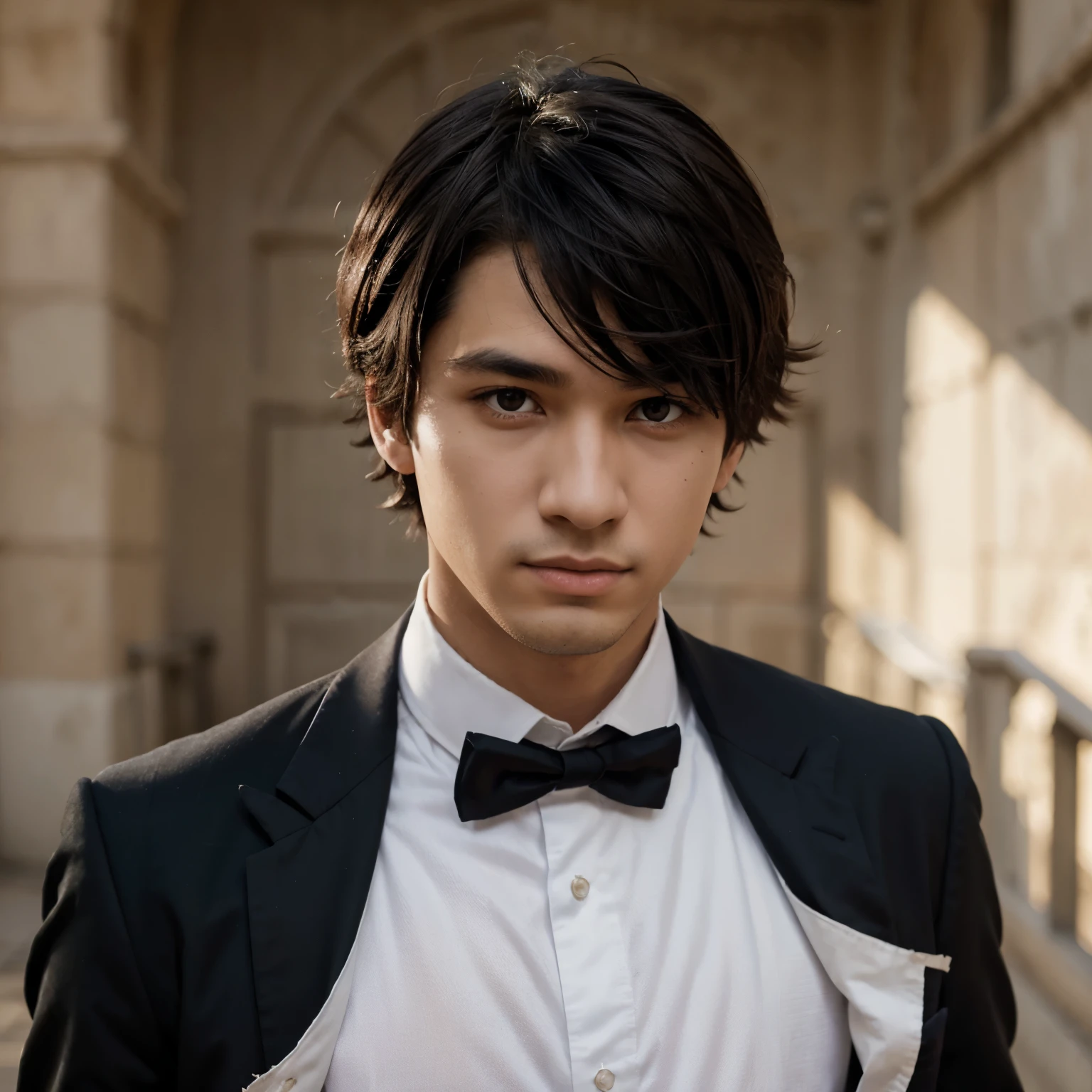 Crea a un chico con el estilo de Bungou Stray Dogs. Description: Chico alto, pelo negro y medio largo, ojos azules claro y oscuro leve, pale white skin, debajo de sus ojos hay una sombra a los costados rojo oscuro y leve, tiene un vestuario elegante de la era victoriana (elije el que quieras).