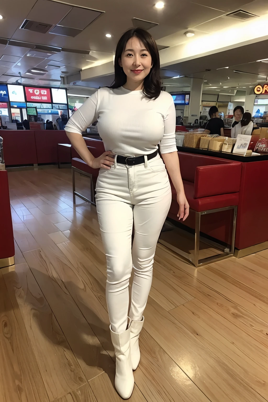 ((top quality、8k、masterpiece:1.3))、sharp focus, High level of image quality, high resolution，,White crew neck shirt，short sleeve，black jeans，white boots，37-year-old woman with long wavy hair，Mature，charming smile，Draw lips correctly, red lipstick，stand，Leg length，Chubby body，Big breasts，China luxury shopping mall background，full-body shot