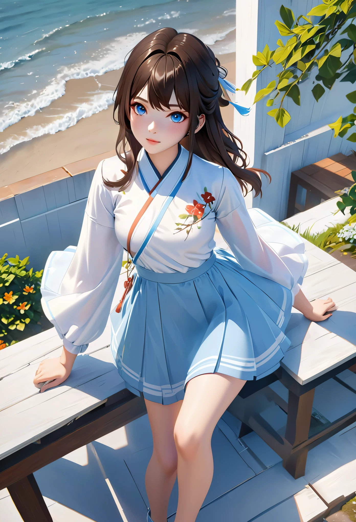 high quality, 4k, frame, Close-up portrait of brunette woman wearing white shirt and light blue skirt, Realistic anime girl rendering, Cute 3D anime girl rendering, April rendering, Anime vtuber full body model, full body xianxia, live2d virtual YouTuber model, Smooth anime CG art, Realistic portrait full body realistic anime 3D style, Realistic full body