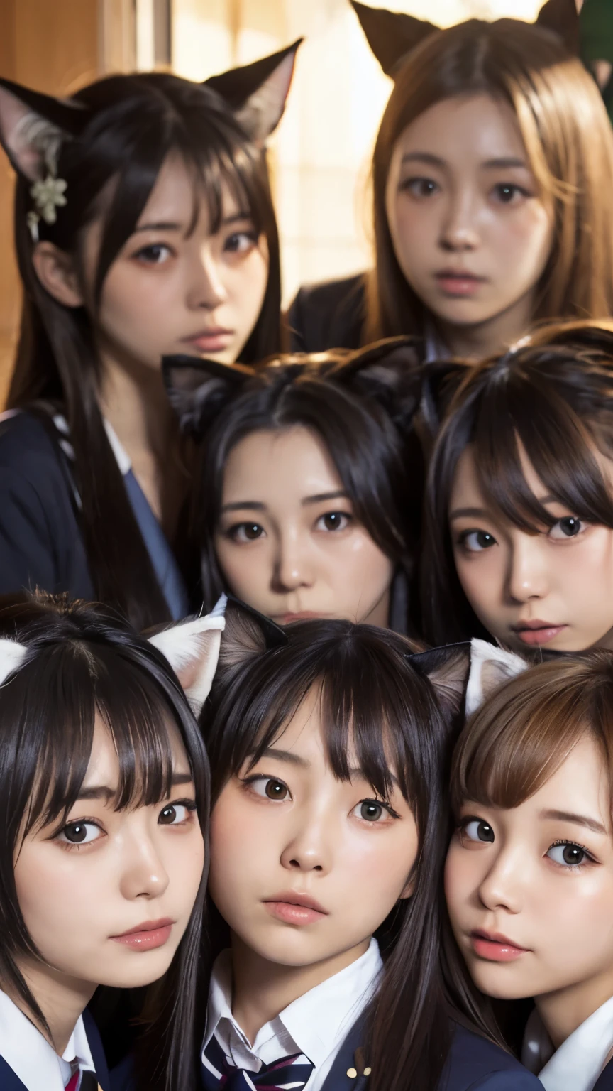 multiple girls, Beautiful face,  harem, group picture, cat ears, school uniform, close up，(Japanese idle:1.6), apartment,