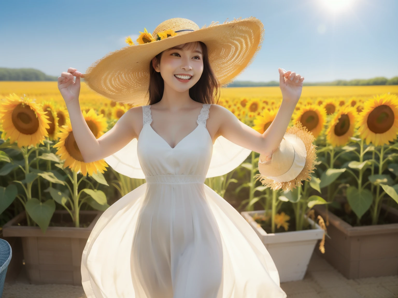 highest quality, masterpiece, (realistic:1.2), sunflower field, Upper body, sunlight, solar flare，very windy、laughter，Pure white dress with a wide open neckline，Wearing a big straw hat、holding a straw hat in hand，long flowing hair，fluttering long skirt