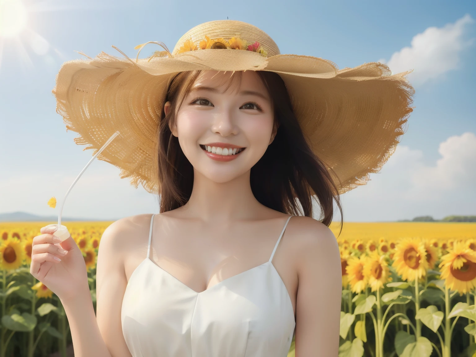 highest quality, masterpiece, (realistic:1.2), sunflower field, Upper body, sunlight, solar flare,very windy、laughter,Pure white dress with a wide open neckline,Wearing a big straw hat、holding a straw hat in hand,long flowing hair,fluttering long skirt
