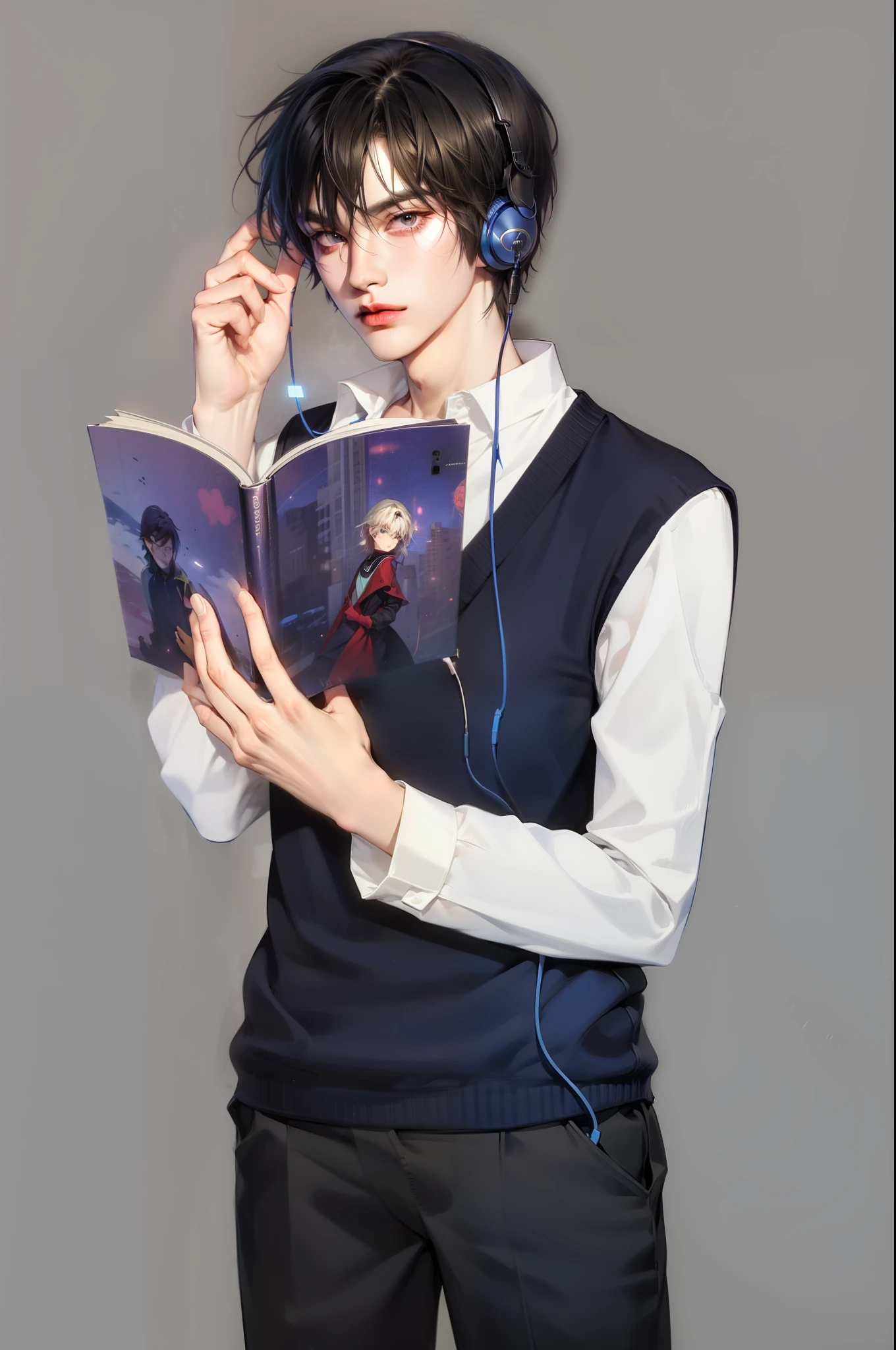 a man in glasses read a book while listening to headphones, 动漫style”, Anime Boy, With headphones, young anime man, anime lovers, , Illustrations by Soejima Shigenori, read a book, holding a book, he has headphones, With headphones, By Ei-Q, Kazuto Okada, style, Inspired by Hiro Yamagata