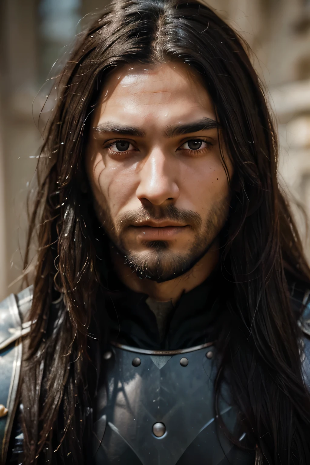 Portrait of a black long-haired man with a beard, natural face with scars, knight&#39;s armor ultra realism, natural light, highlighting his fine features, Soft focus background in dark colors, highlighting her striking eyes, Bright colors, a breathtaking surreal masterpiece
