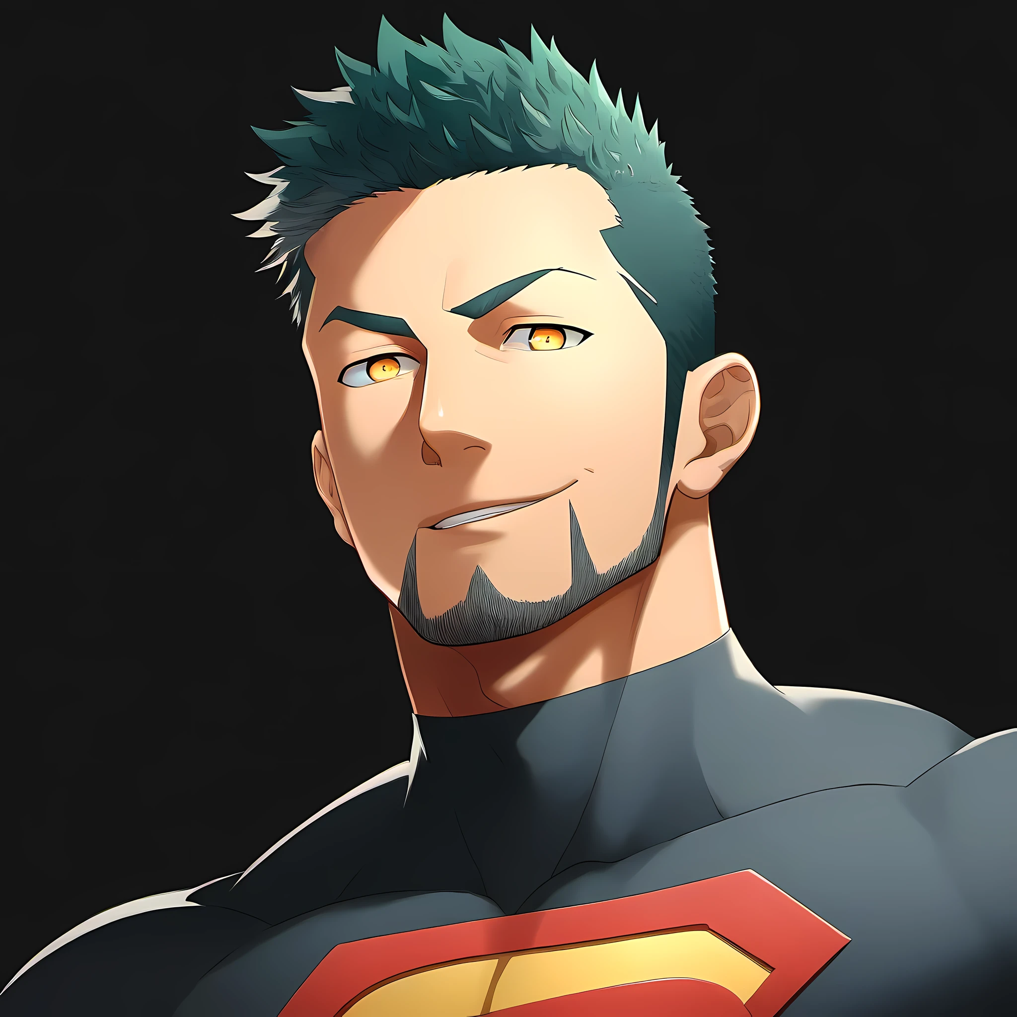 anime characters:Guy, Priapus, 1个年轻的muscular man, male focus, Sporty black headband, Black Turtleneck Superman Tight T-Shirt, superman logo, muscular man, extra large breasts, only, Upper body, alone, white short hair, stubble, yellow eyes, blink, black background, simple background, amazing quality, best aesthetics, Ridiculous, bright pupils, short hair, naughty face, torogao, open lips, best quality
