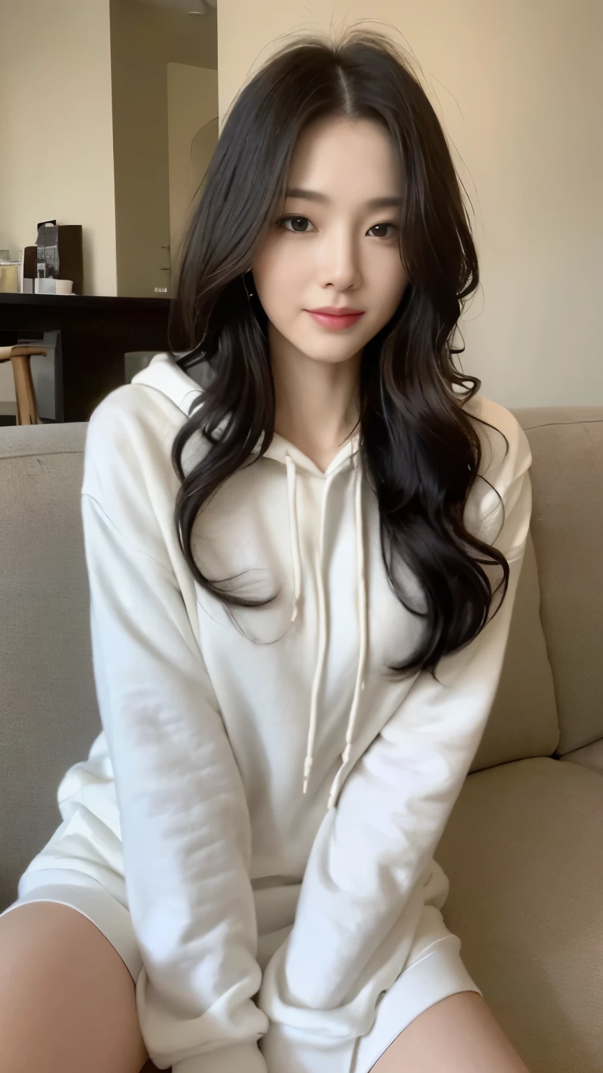 ((top-quality、8k、masterpiece:1.3))、Beautiful woman with perfect body:1.4、slim abdomen:1.2、Longhair, normal breast, Highly detailed facial and skin texture, A detailed eye, delicate eyes, double eyelid, (smile), (full body shot), ((living room)), ((sitting on sofa)), ((wearing white hoodie)), looking in front