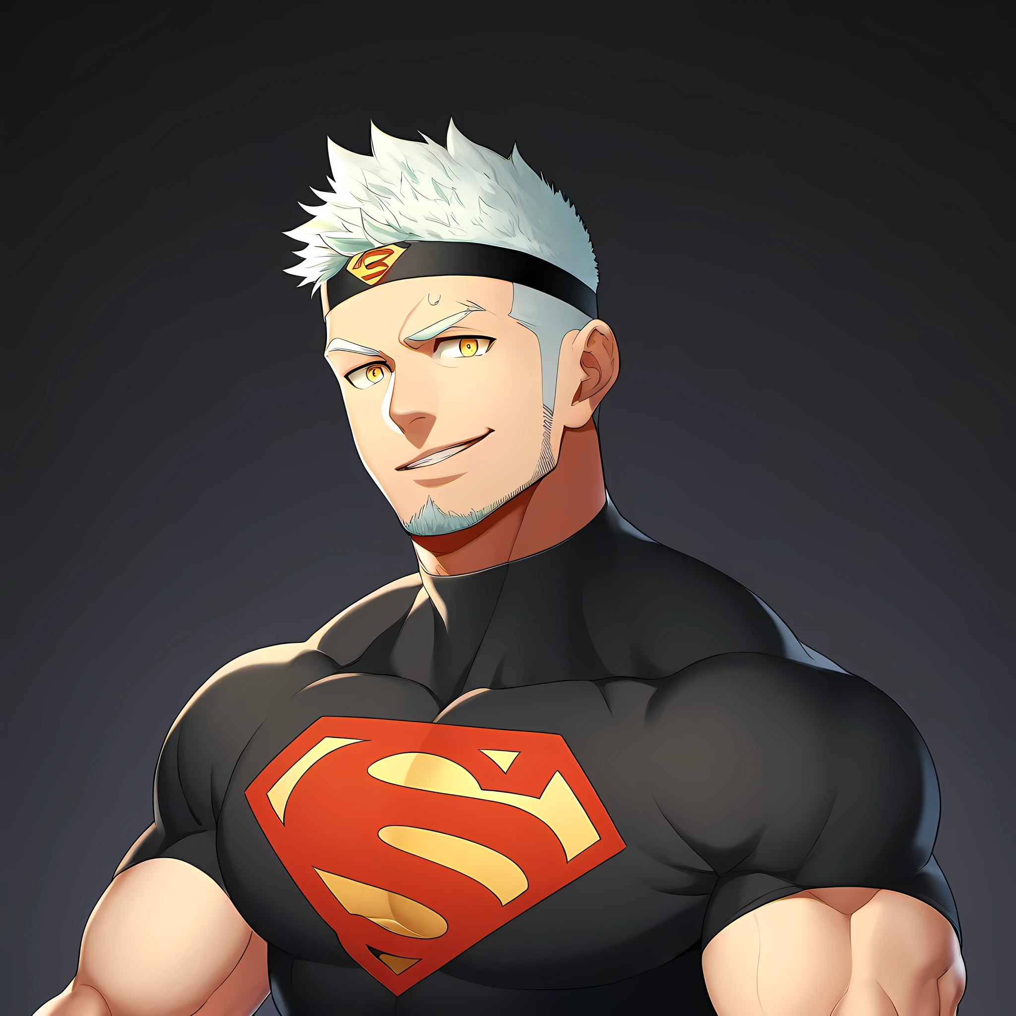 anime characters：Guy, Priapus, 1个年轻的muscular man, male focus, Sporty black headband, Black Turtleneck Superman Tight T-Shirt, superman logo, muscular man, extra large breasts, only, Upper body, alone, white short hair, stubble, yellow eyes, blink, black background, simple background, amazing quality, best aesthetics, Ridiculous, bright pupils, short hair, naughty face, torogao, open lips, best quality