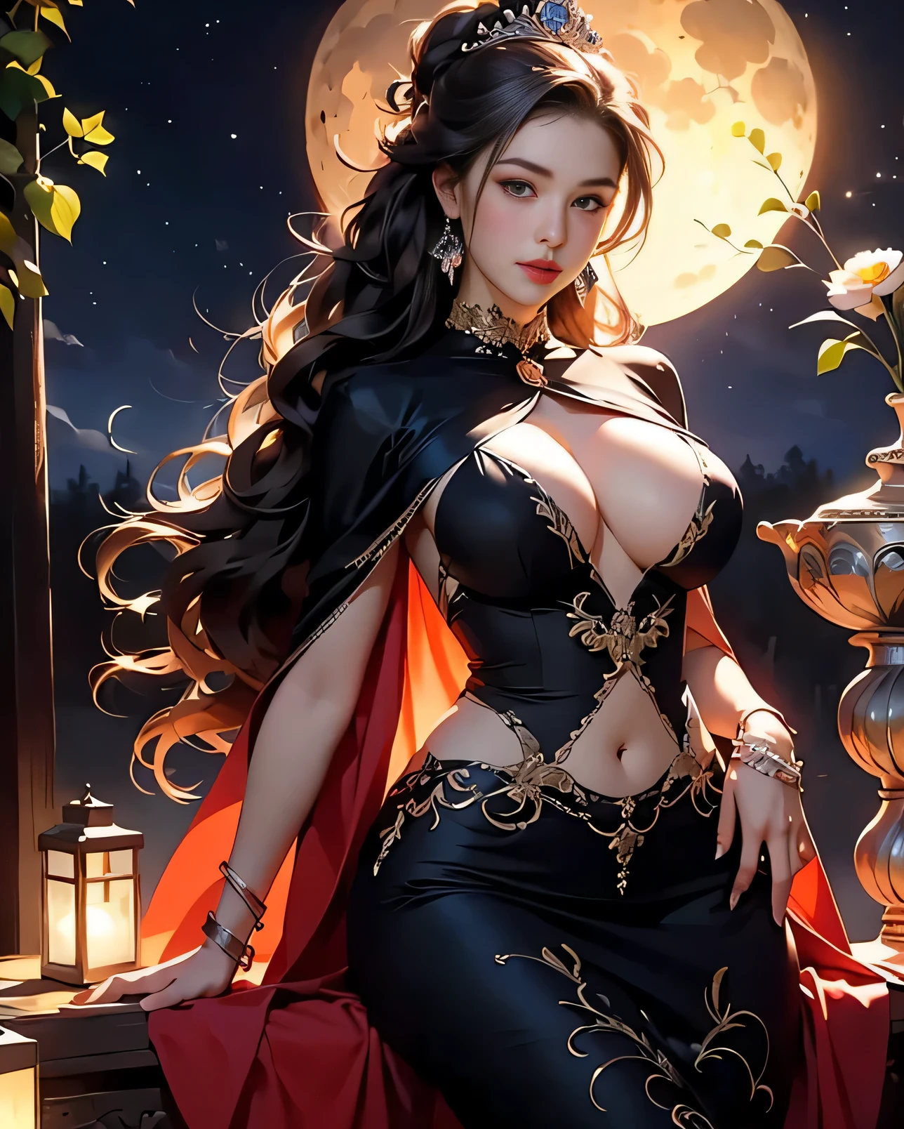 Best quality, masterpiece, meticulous detail, realistic, 1 girl, a hot beautiful princess sitting in the heavenly garden under the moonlight, big breast, big hips, long leg, sexy, full body, blissful