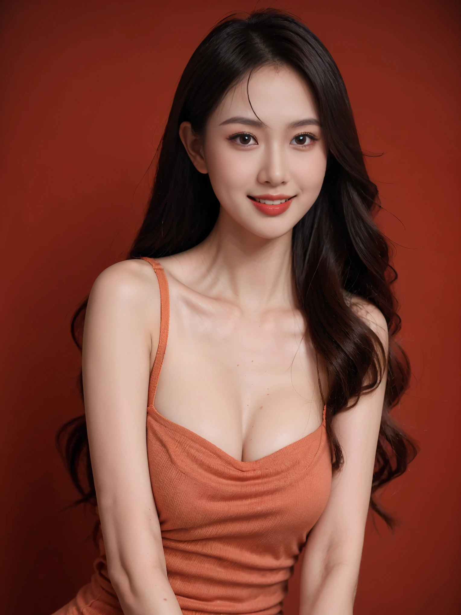 VIETNAM BEAUTyFULl GIRL IN A NAKED, 4k, masterpiece, stunning beautiful idol detailed face, all body , (vietnam model girl), nsfw, sexy, see-though clothes, light smile, make up, big , red color, ((tet red color backdrop))