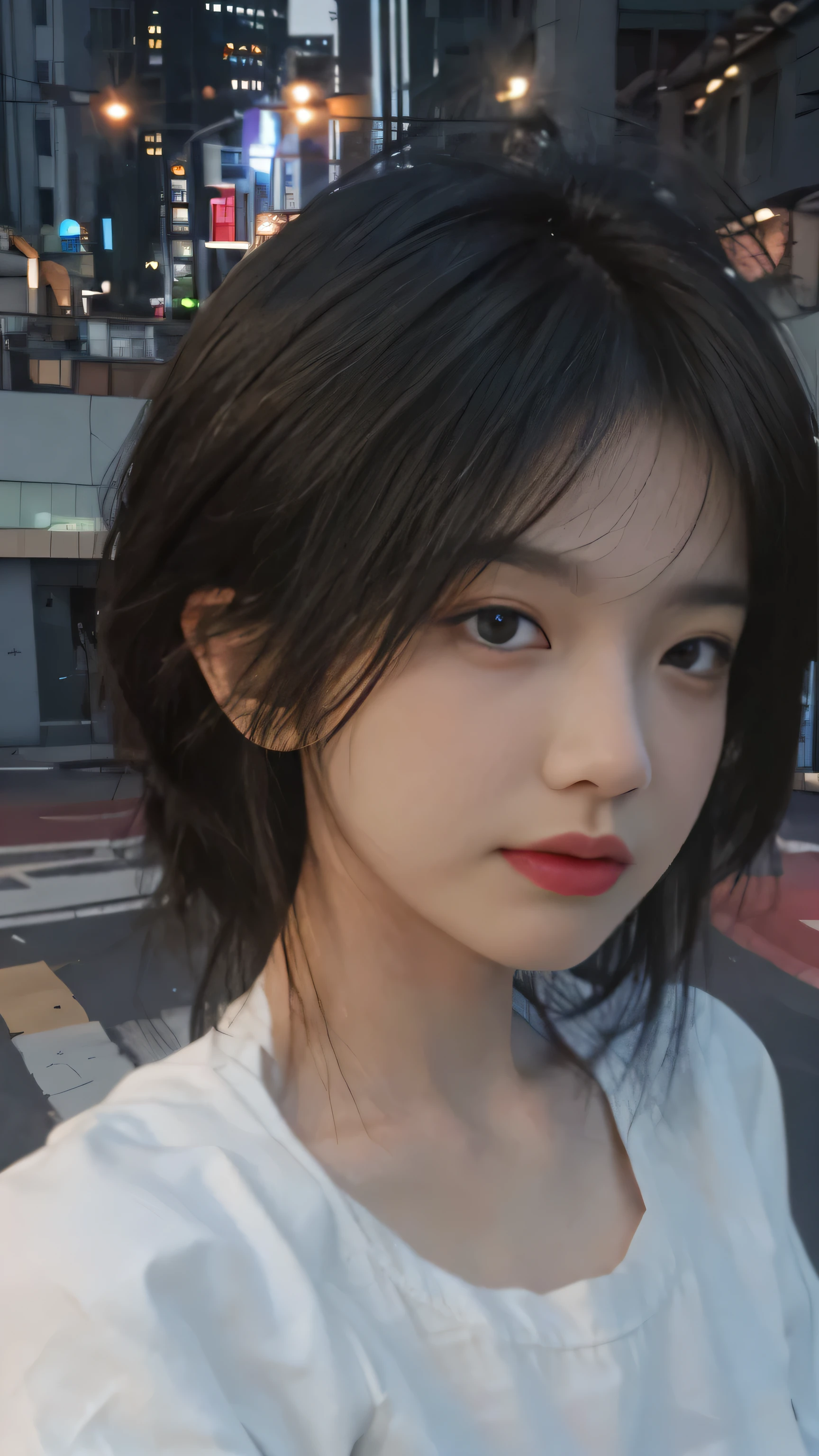 ((best quality, 8k, masterpiece: 1.3)), focus: 1.2, perfect body beautiful: 1.4, (layered hairstyle: 1.2), (dark street: 1.3), Highly detailed facial and skin textures, whole body, beautiful eyes, double eyelids, long hair, (round face: 1.5), (short sleeves, shorts: 1.6), Ha ha,(White shirt), (realistically:1.4),original photo,night,atmosphere