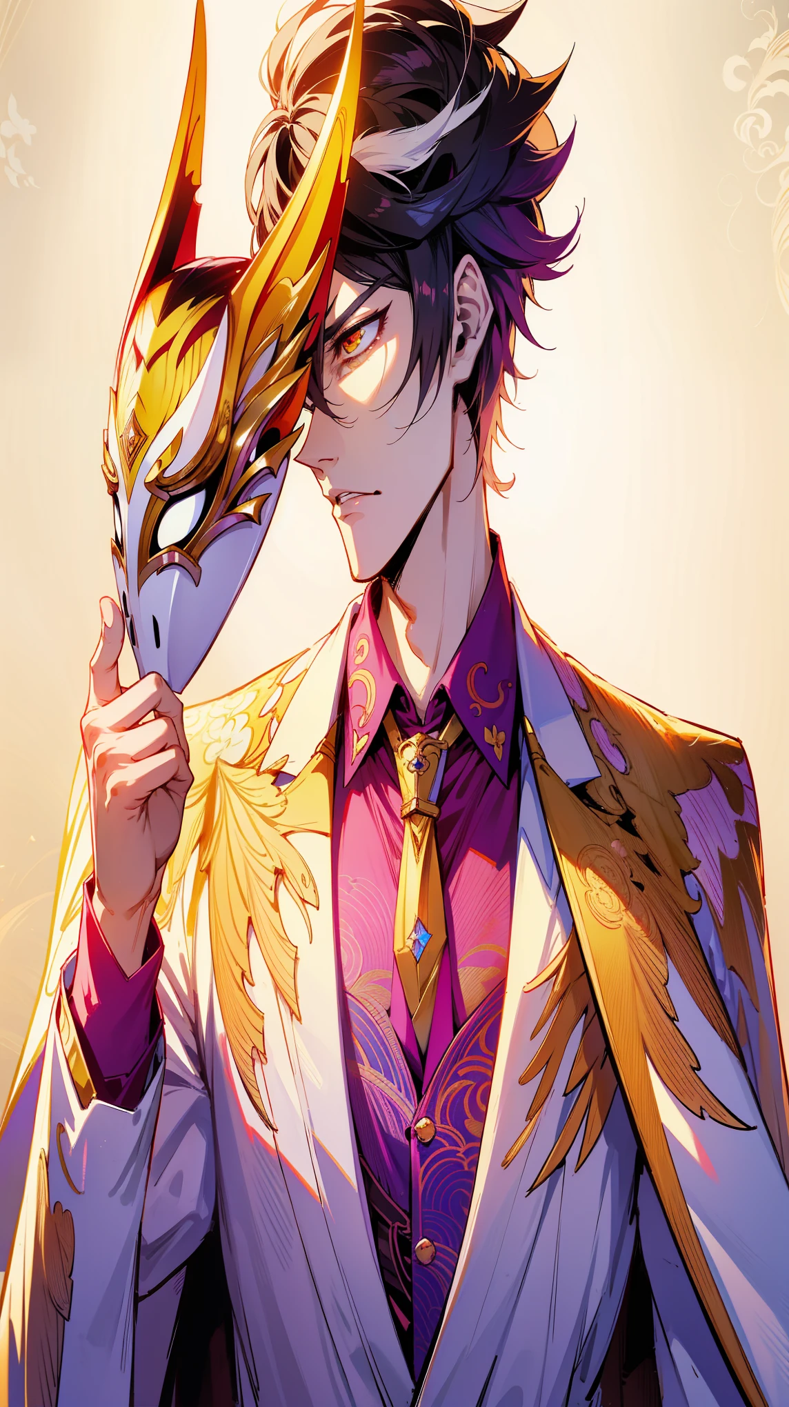 anime man in a suit holding a mask with a dragon on it, detailed key anime art, handsome guy in demon slayer art, key anime art, with kitsune mask, highly detailed exquisite fanart, detailed anime character art, dapper dream demon, detailed fanart, zhongli from genshin impact, keqing from genshin impact, anime key visual of elegant