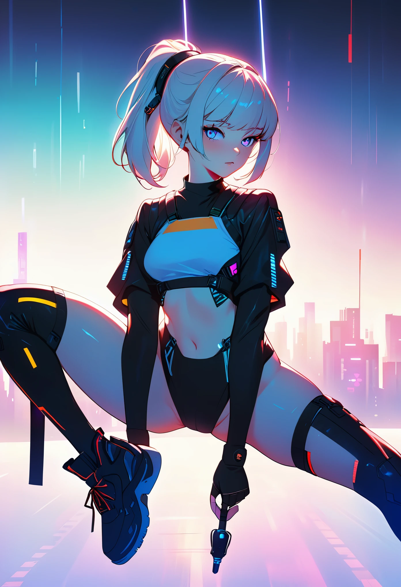 1 girl, cyberpunk, (whole body:1.1), Raise your legs high, split, perfect eyes, perfect face, Kuvshinov, (gradient background:1.2),