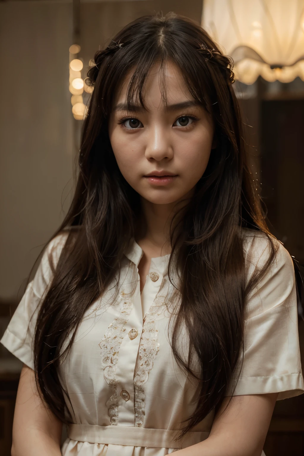 best quality, face focus, soft light, ultra high res, (photorealistic:1.4), RAW photo,
1korean girl, solo, cute, (pupil, lights in the eyes), detailed beautiful face,(high resolution detail of human skin texture),
(long hair),
indoor,
Damask Shirt Dress,
(portrait)