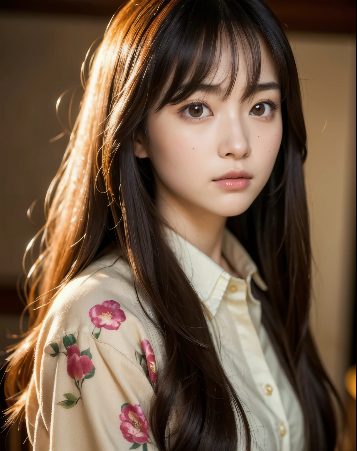 best quality, Face focus, soft light, ultra high resolution, (lifelike:1.4), original photo,
1 japanese girl, alone, Lovely, (pupil, There is light in the eyes), Detailed beautiful face, (),(High resolution detail of human skin texture),
(long hair),
indoor,
brocade shirt dress,
(portrait)