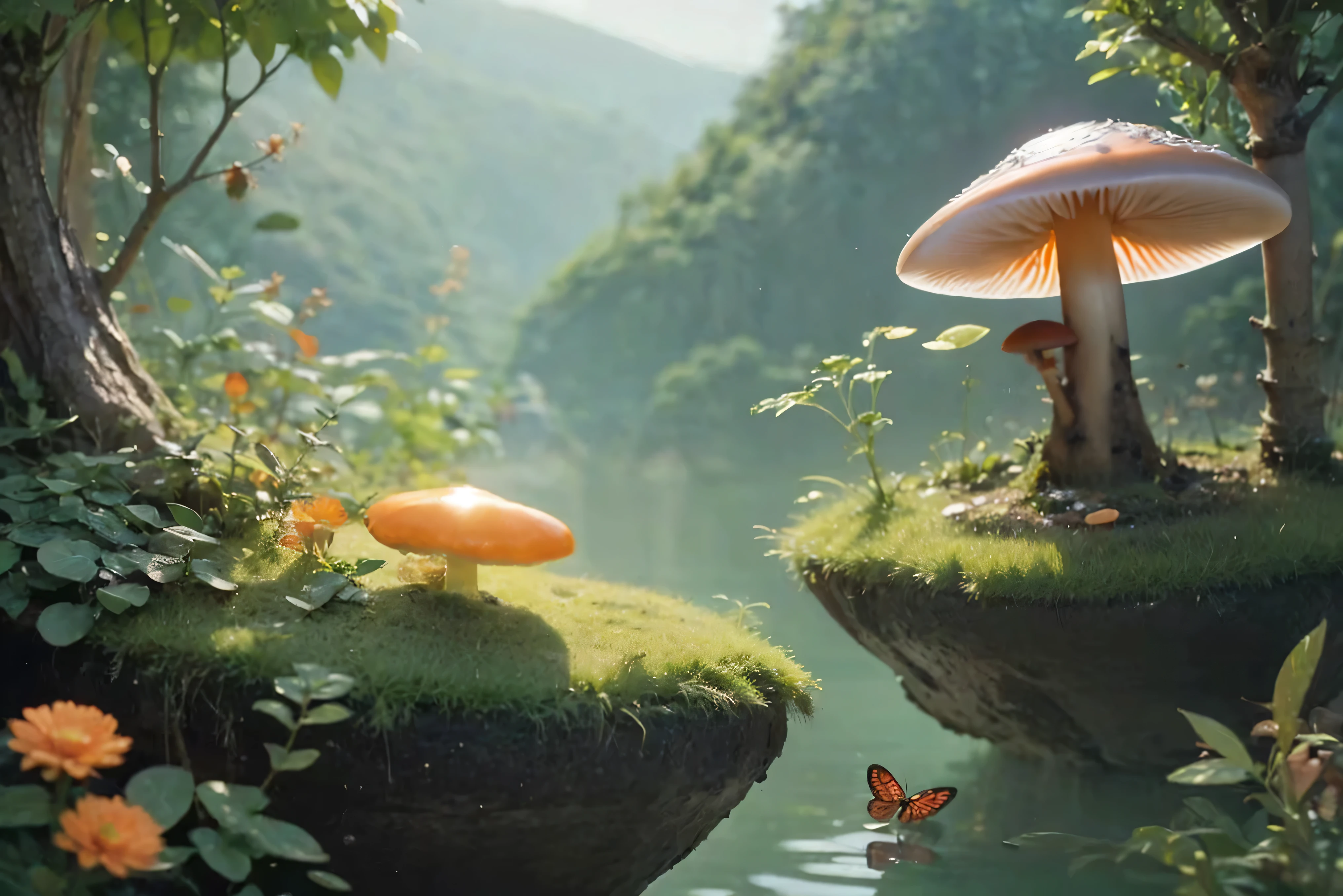 there are two mushrooms that are sitting on the grass, fantasy matte painting,cute, fantasy style 8 k octane render, realistic fantasy render, highly detailed surreal vfx, beautiful render of a fairytale, forest made out of mushroom, in the art style of filip hodas, magical environment, (octane render) fantasy style, beautiful render of a landscape