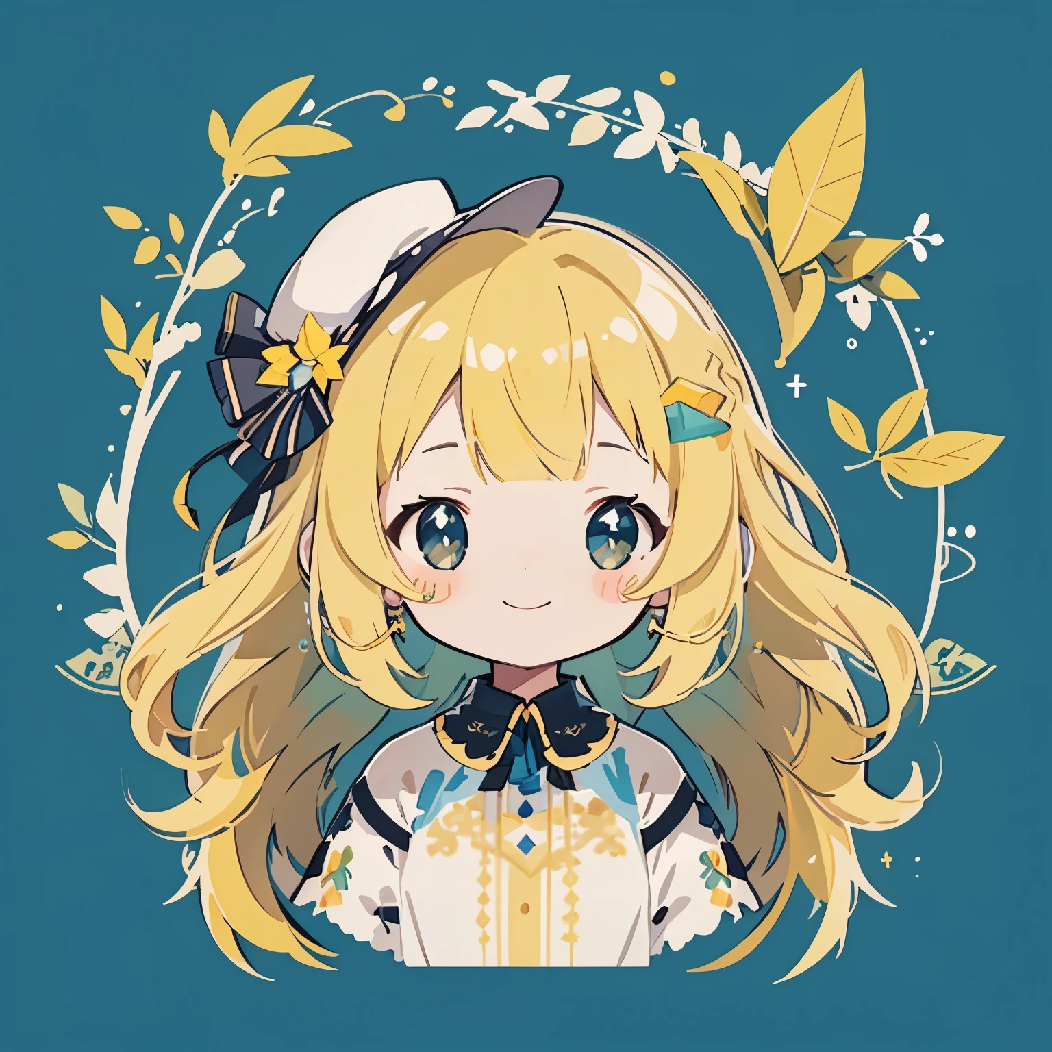 transparent watercolor、girl、jewel eyes、beautiful arrangements and motifs、written boundary depth、flat avatar, 1girl, smile, light yellow hair((left and right braids、wavy hair)), 髪の毛にautumn leaves、yellow object、hair with white tips, Fashionable design clothes((blue and white)),background white, かわいいgirl、Yellow theme、lemonade、Lemon Hair Ornament、autumn leaves、transparent dress、fluffy dress、transparent feather robes、Yellow transparent、Sparklingレモン、beautiful girl、smile gently、transparent cloth、exposed、Summery、yellow and green、cheerful girl、lady's hat、lady、Elegant、Elegant hat、hat with white lace、background yellow、white water、fresh、detailed、fantasy、High quality、jewel eyes、Sparkling、pop art、line art