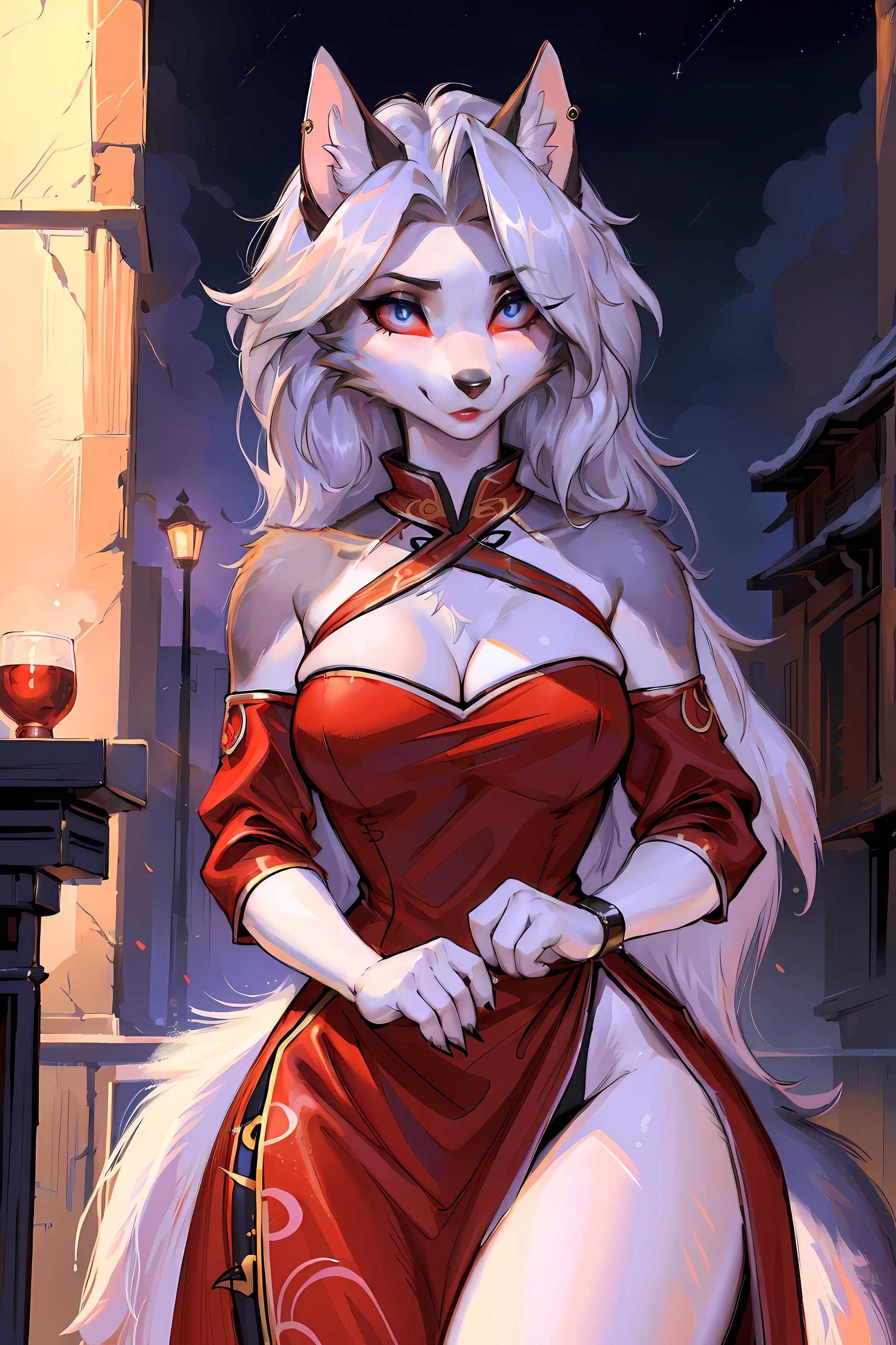 (best quality,4k,8k,high resolution,masterpiece:1.2),Super detailed,(actual,photoactual,photo-actual:1.37),red eyes,hairy,wolf girl,(beautiful/delicate eyes:1.1),feminine face,long eyelashes,(red clothes:1.1),(qipao,cheongsam:1.1),flowing chiffon,(jewelry/Accessories:1.1),well proportioned body,(Thick thighs:1.1),inspired by luna,(Reasonable structure:1.1) ,Perfect high detail face,(perfect delicate eyes:1.5)