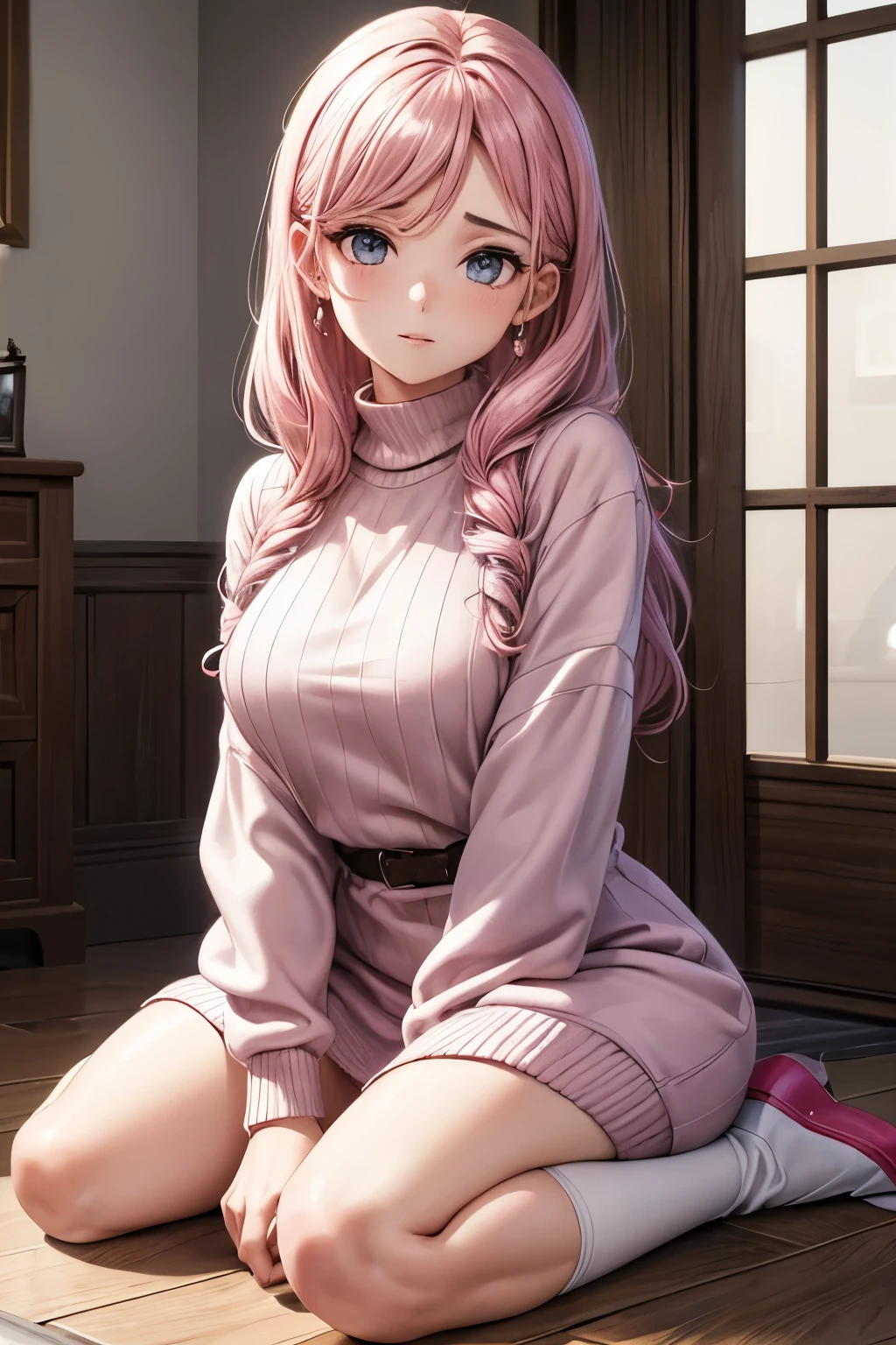 (best quality, 4k, 8k, highres, masterpiece:1.2), Pink Hair、poneyTail、Shorthair。She lifted up her frilly skirt with both hands and revealed her panties.。The jacket is a fluffy white sweater。