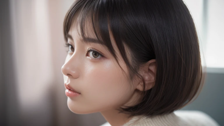 (black hair, bob cut hair:1.2),(Wear a knitted sweater:1.2),1 girl,Japanese,21 years old,(small breasts:1.3),(highest quality,masterpiece:1.3,超A high resolution,),(super detailed,caustics),(Photoreal:1.4,RAW shooting,)ultra-realistic capture,very detailed,High resolution 16K human skin close-up。 natural skin texture、,The pores are、、Must be detailed enough to be easily identified。 Skin should look even-toned and healthy。 Use natural light and color, sad expression, look at the camera, perfect dynamic composition, my room