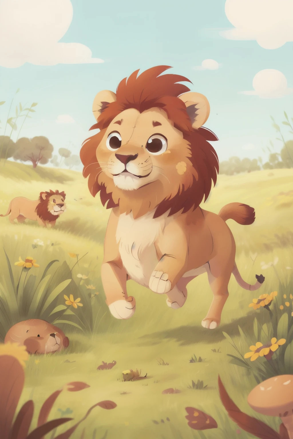 A lion running in the prairie, cute eyes, happy, HD, masterpiece, children's picture book