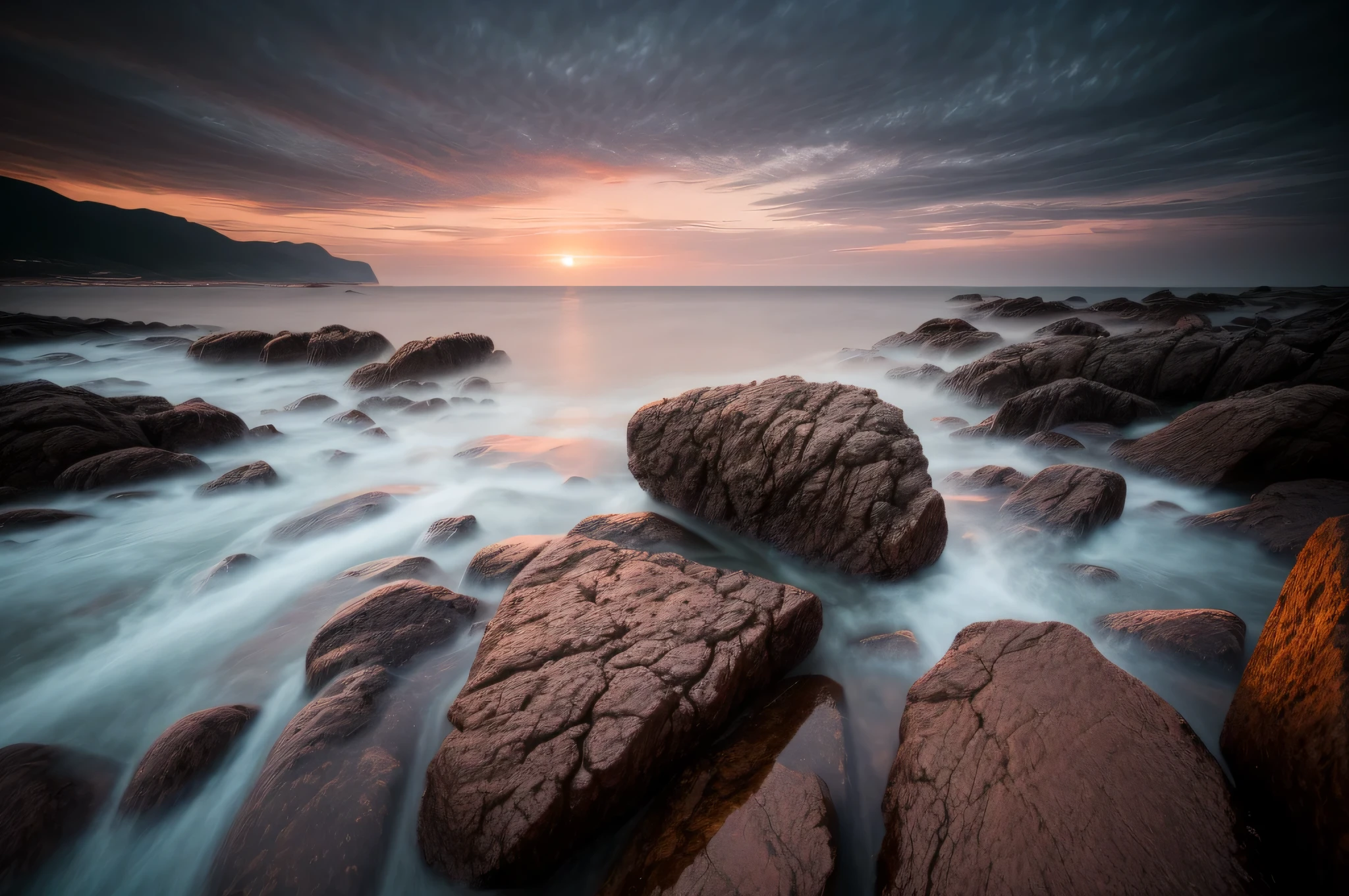 long exposure photography,Scenery photography,sea water atomization,transparent,National Geographic Magazine Works,Arafad landscape on rocky beach at red sunset, long term exposure shot, long term exposure 8 k, long term exposure, long term exposure photo, long term exposure photography, long term exposure time, author:Adam Malczynski, Patrick Cheng, author:Matthias Wescher, Alexander Bogan, by Sebastian Spren, sea view, canon camera,raw,8k,Super details,Superior image quality