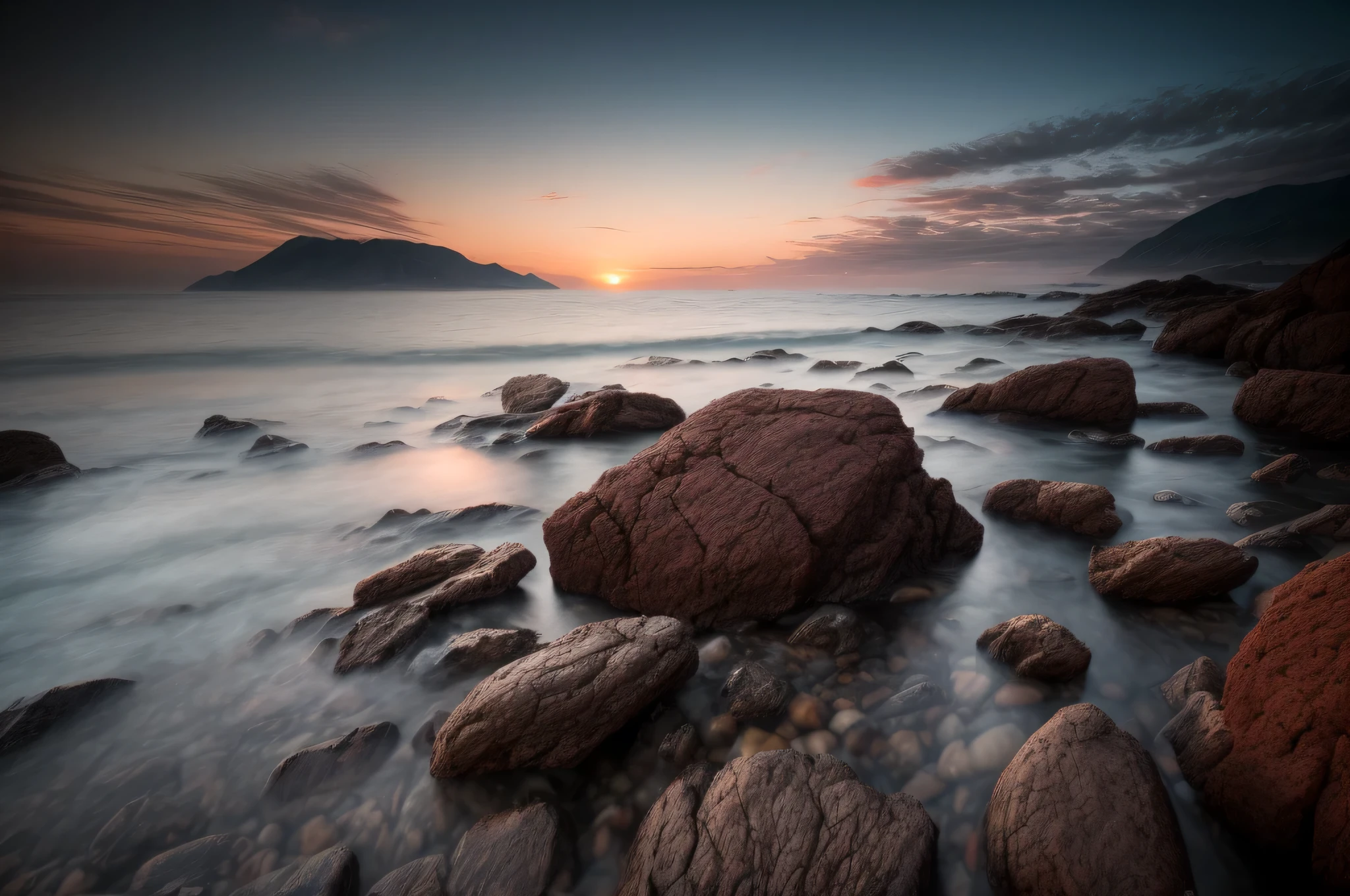 long exposure photography,Scenery photography,sea water atomization,transparent,National Geographic Magazine Works,Arafad landscape on rocky beach at red sunset, long term exposure shot, long term exposure 8 k, long term exposure, long term exposure photo, long term exposure photography, long term exposure time, author:Adam Malczynski, Patrick Cheng, author:Matthias Wescher, Alexander Bogan, by Sebastian Spren, sea view, canon camera,raw,8k,Super details,Superior image quality