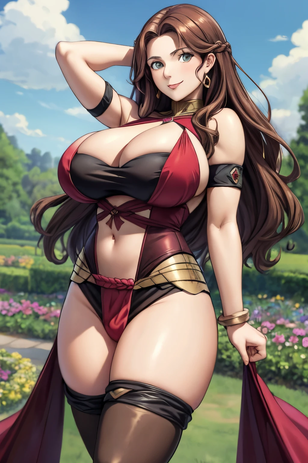 masterpiece, best quality, Dorothea Arnault, brown hair, huge breasts, plegian outfit, looking at viewer, smile, sky, clouds, garden, cowboy shot, long hair, hands behind back, cleavage, thick thighs