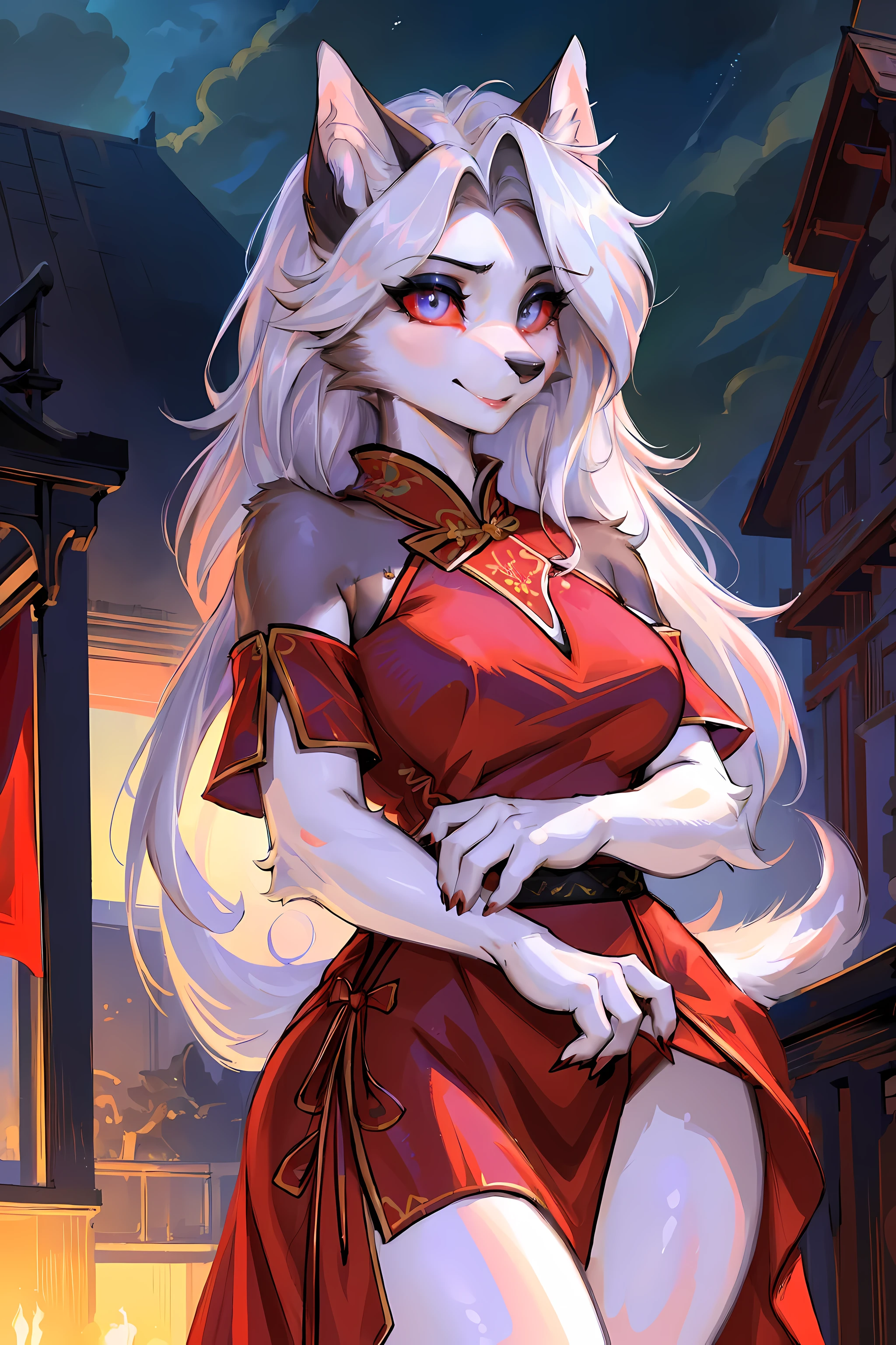 (best quality,4k,8k,high resolution,masterpiece:1.2),Super detailed,(actual,photoactual,photo-actual:1.37),red eyes,hairy,wolf girl,(beautiful/delicate eyes:1.1),feminine face,long eyelashes,(red clothes:1.1),(qipao,cheongsam:1.1),flowing chiffon,(jewelry/Accessories:1.1),well proportioned body,(Thick thighs:1.1),inspired by luna,(Reasonable structure:1.1) ,Perfect high detail face,(perfect delicate eyes:1.5),cat student