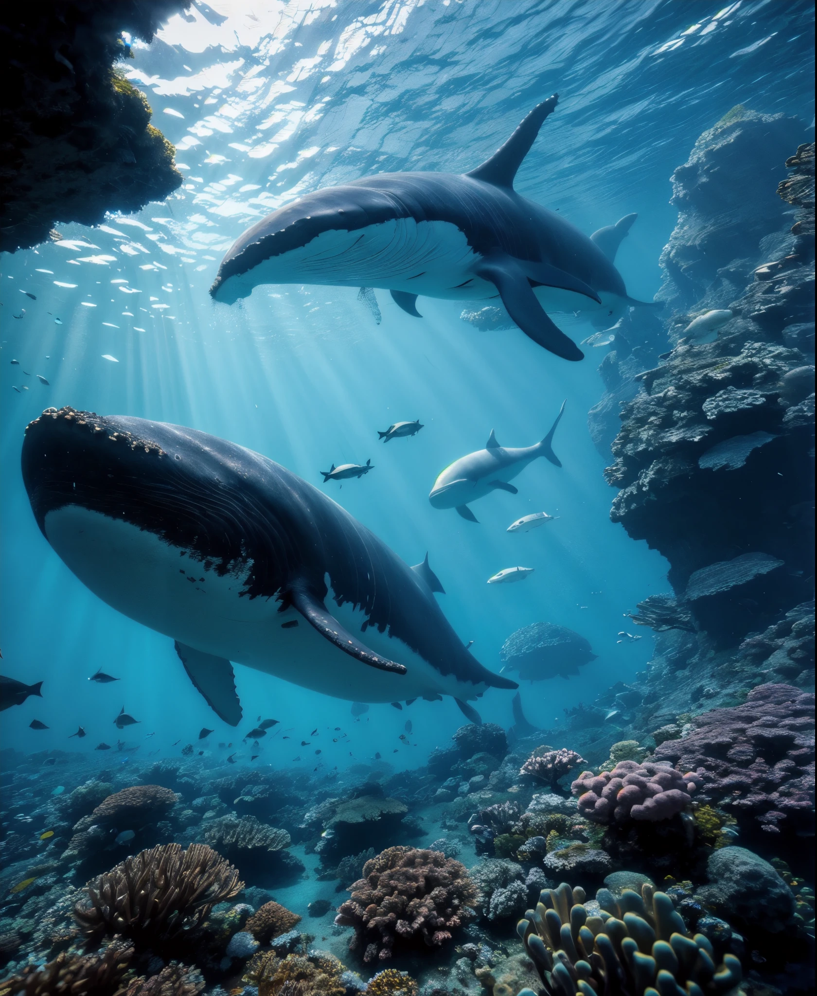 highres, shadows, absurdres, best_quality, ultra_detailed, 8k, extremely_clear, photograph, beautiful, sharp focus, hdr, underwater, giant whale, fantastic location, dream, flying, underwater cyberpunk city