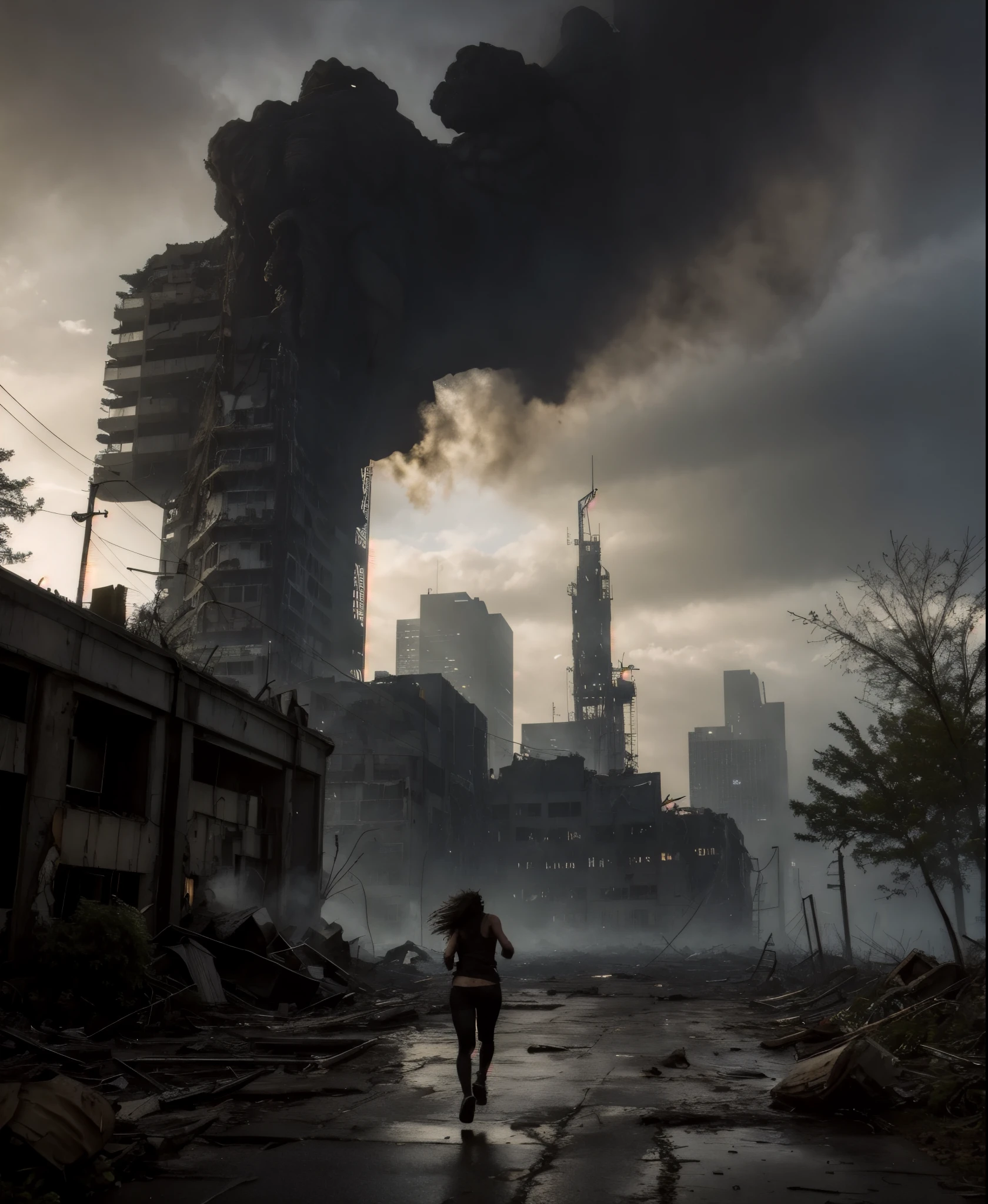 a giant monster with a lizard body, leafy back with plant spines and leaves, Spitting acid on the floor, devastated city, ultra-detailed, huge size, destructive nature, Sinister presence, fierce expression, intense gaze, Defaced Buildings, destroyed vehicles, Ruined infrastructure overrun by vegetation, plants and flowers, dark and gloomy atmosphere, Smoke and debris filling the air, epic battle scene, terrified fleeing humans, twisted metal and broken concrete, desolate streets, foggy silhouette of the monster, apocalyptic scenery,surreal lighting, Ominous clouds, decayed foliage, Ominous shadows, muted colors, Texture of decaying structures, Post-apocalyptic monstrosity, anime style, (masterpiece, top quality:1.2), super detailed, cinematic lighting, HDR, girl running from the monster, full body, fear, screaming, 58 years old,