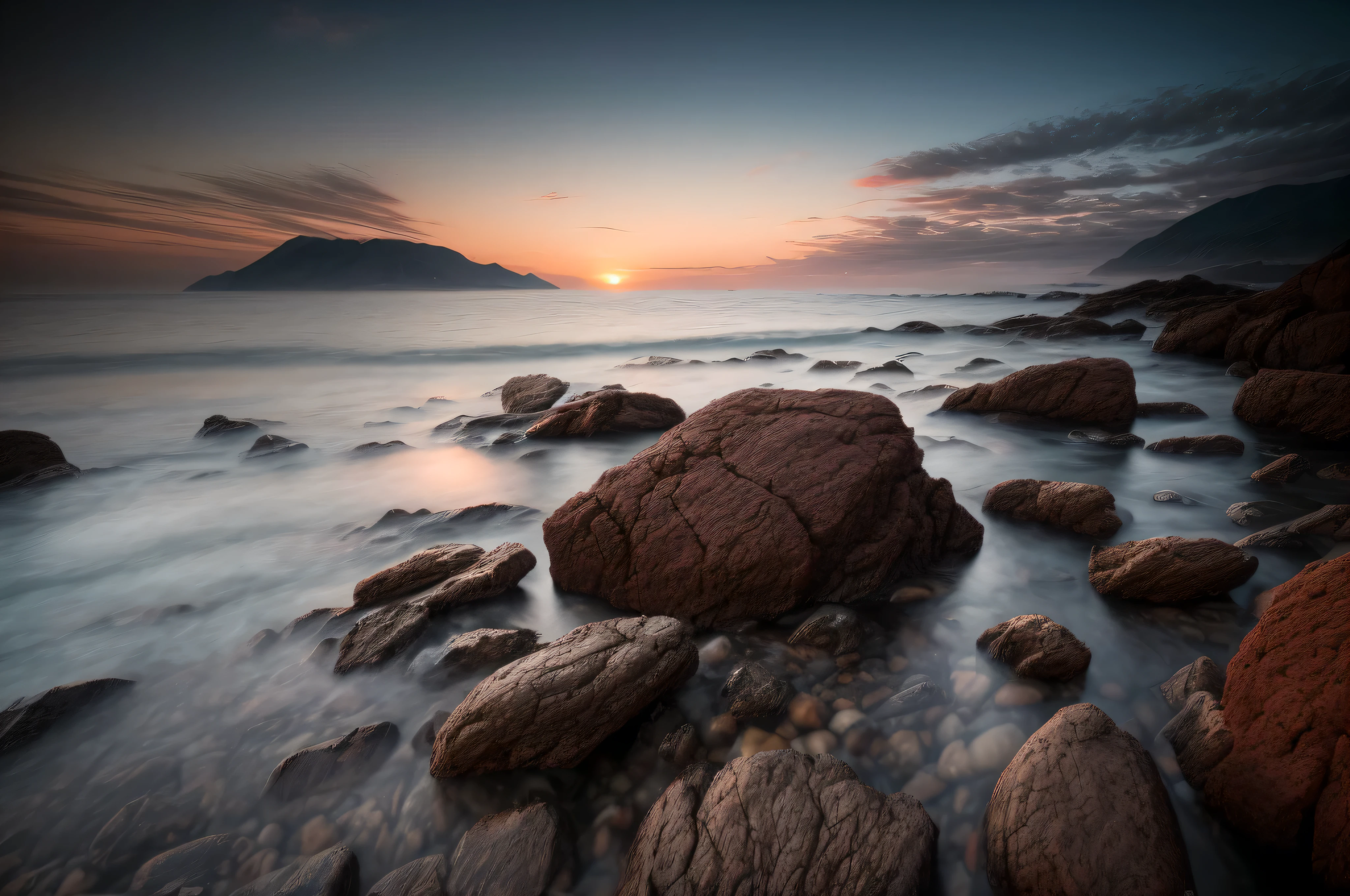 long exposure photography,Scenery photography,sea water atomization,transparent,National Geographic Magazine Works,Arafad landscape on rocky beach at red sunset, long term exposure shot, long term exposure 8 k, long term exposure, long term exposure photo, long term exposure photography, long term exposure time, author:Adam Malczynski, Patrick Cheng, author:Matthias Wescher, Alexander Bogan, by Sebastian Spren, sea view, canon camera,raw,8k,Super details,Excellent image quality