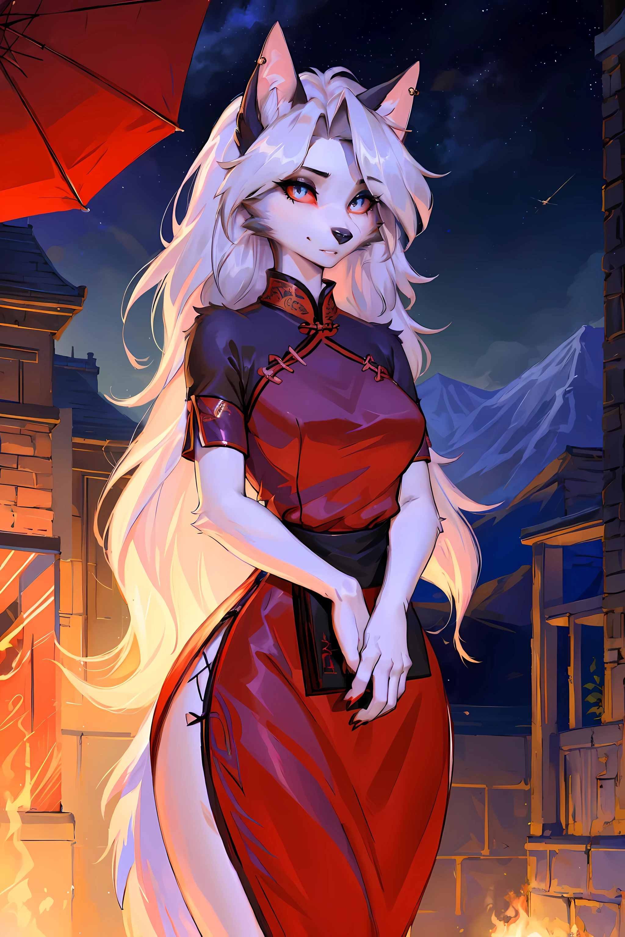 Anime girl with white hair and red dress standing in front of a fire ...