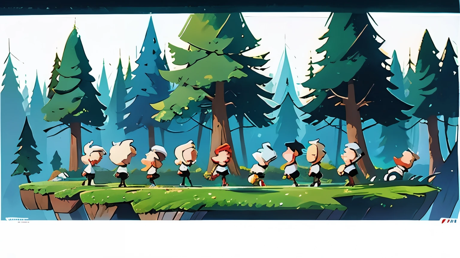 Create comic vignettes with animated characters with different angles, expressions, digital art style and animated forest in 8k quality