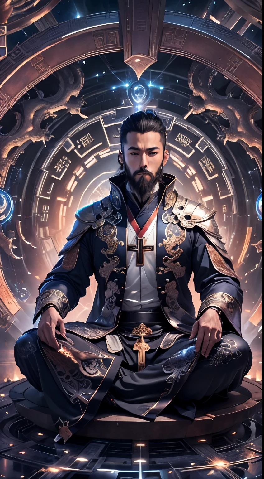 fractal art,Chinese young male Taoist leader,grow beard,Cross legged meditation, In the center, wallpaper art, Ultra HD Wallpaper,science fiction,magic,role conception