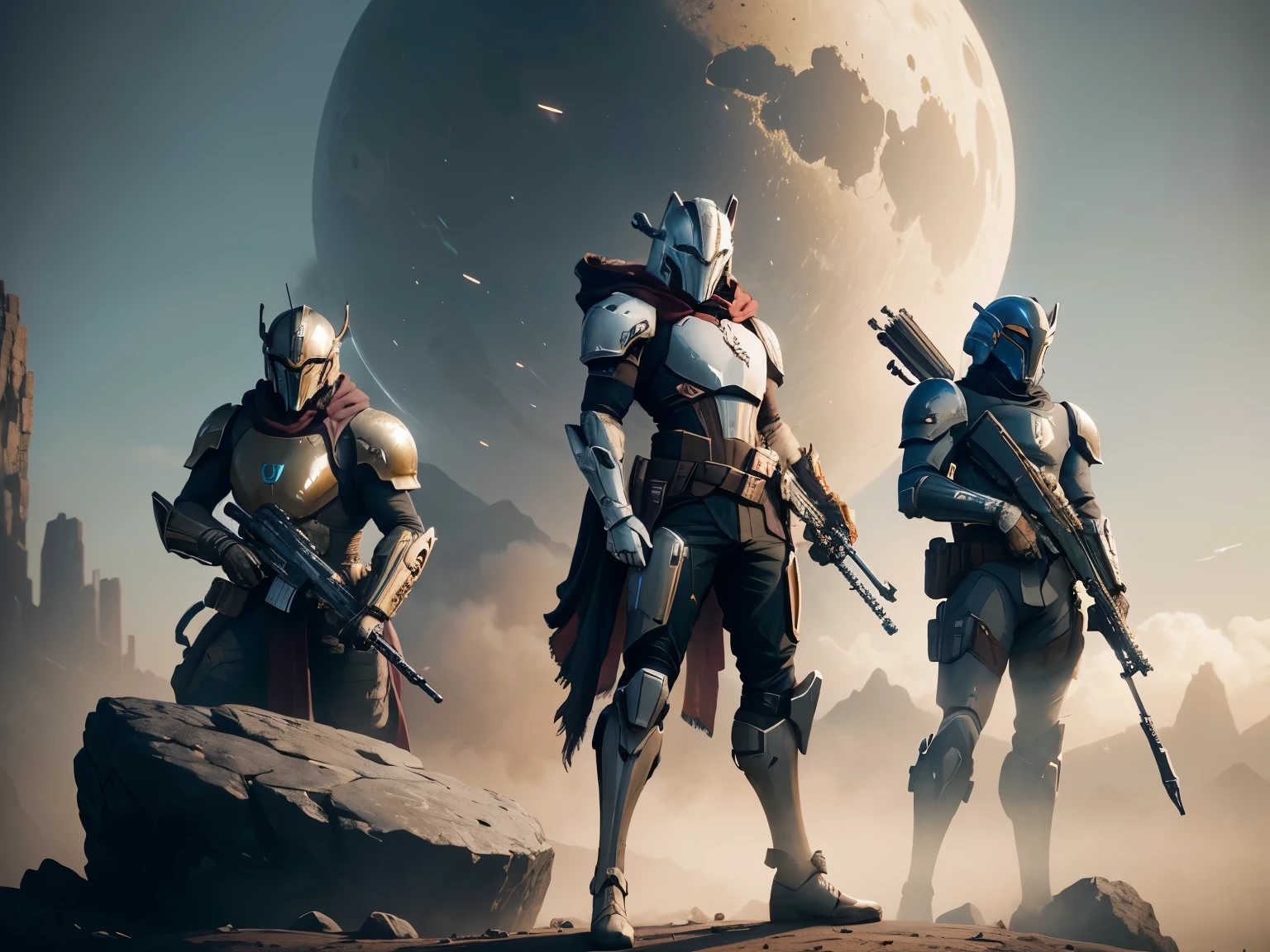 arafed image of a group of people standing on a rock with guns, destiny 2, destiny, captura, bungie, destiny fanart, destiny art, vanguardist alternate timeline, warframe destiny, destiny concept art, video game cutscene, video game screenshot>, from the mandalorian (2019), mandalorian