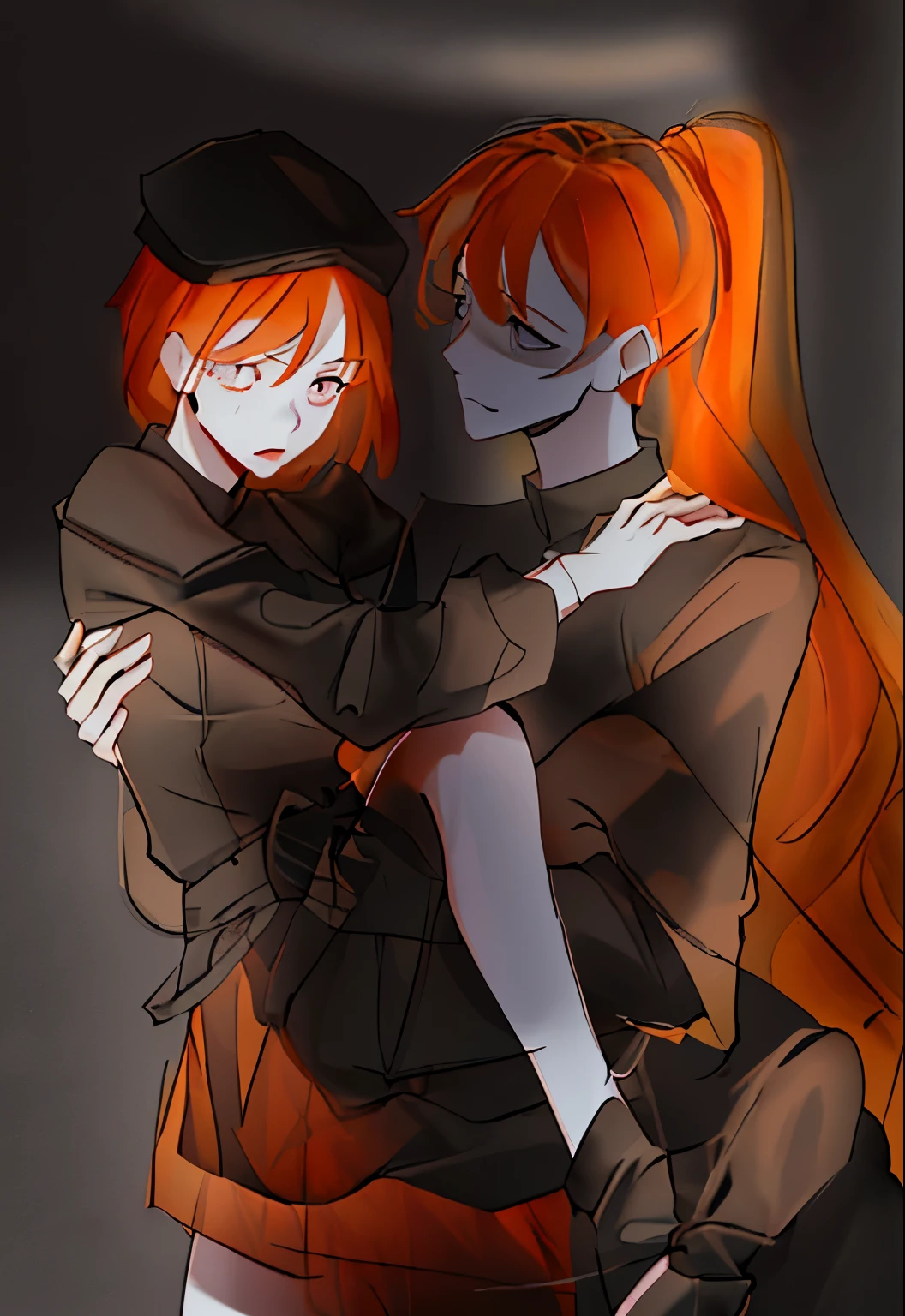 Princess hug，girl，fine light and shadow，orange hair，Black clothing，short skirt，Surprise facial portrayal，Shocked and shy expression