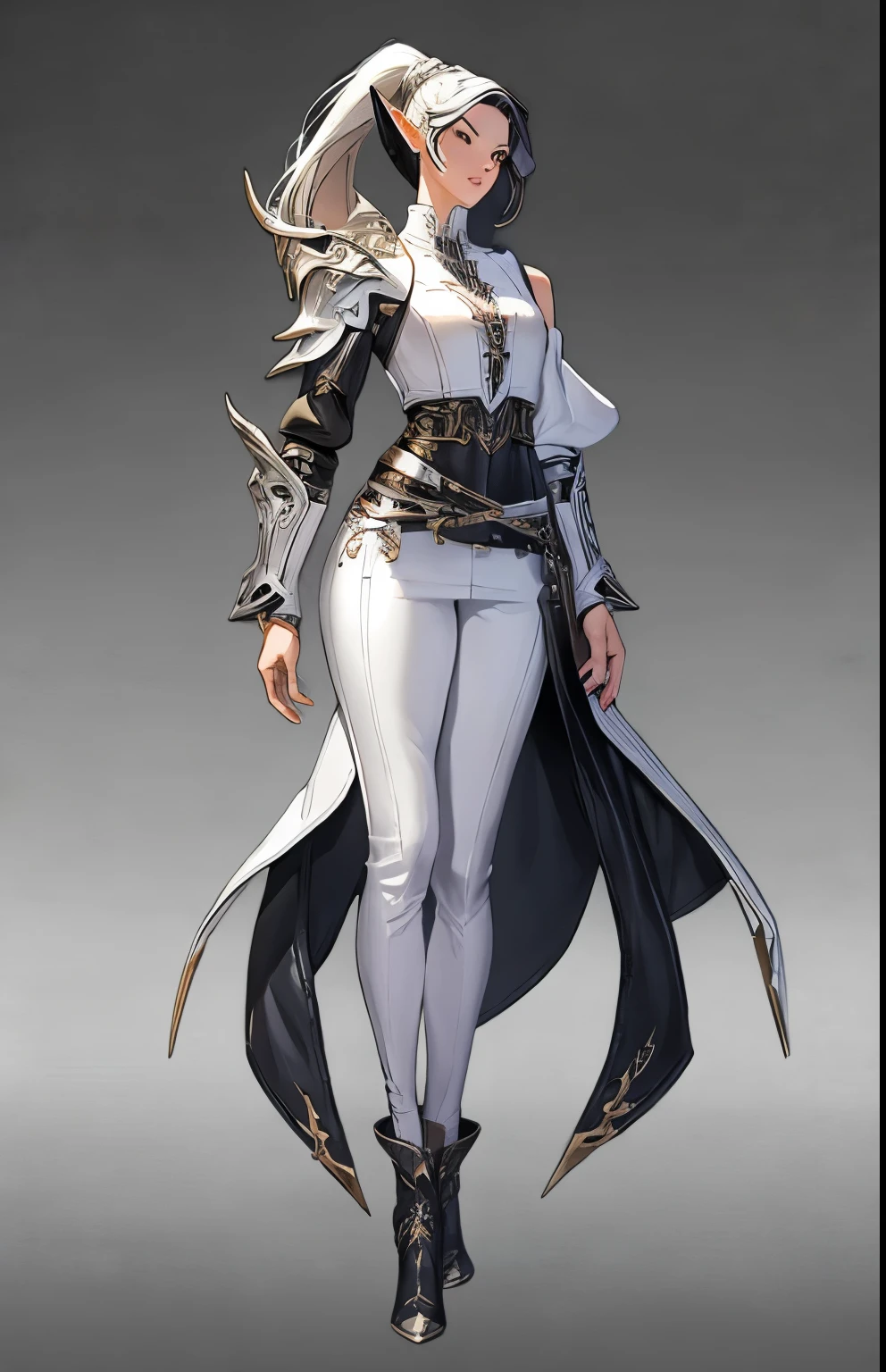 ((masterpiece, best quality)),concept art, woman,, Detailed face，pointed ears, full body details, full of details, Very detailed, depth, many parts, White single ponytail，Ranger。beautiful woman, muscular body, leather armor，Sackcloth clothes, leather bags，belt。（Blade and Soul style）High heel,jewelry, braid, earrings,White background，standing posture。