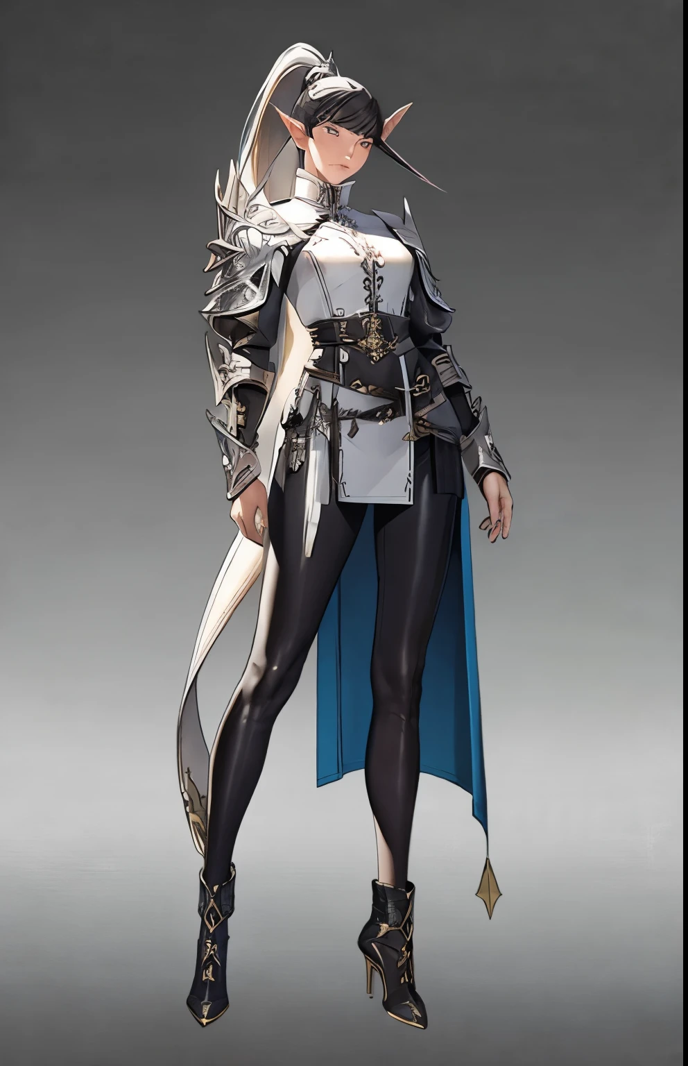 ((masterpiece, best quality)),concept art, woman,, Detailed face，pointed ears, full body details, full of details, Very detailed, depth, many parts, White single ponytail，Ranger。beautiful woman, muscular body, leather armor，Sackcloth clothes, leather bags，belt。（Blade and Soul style）High heel,jewelry, braid, earrings,White background，standing posture。